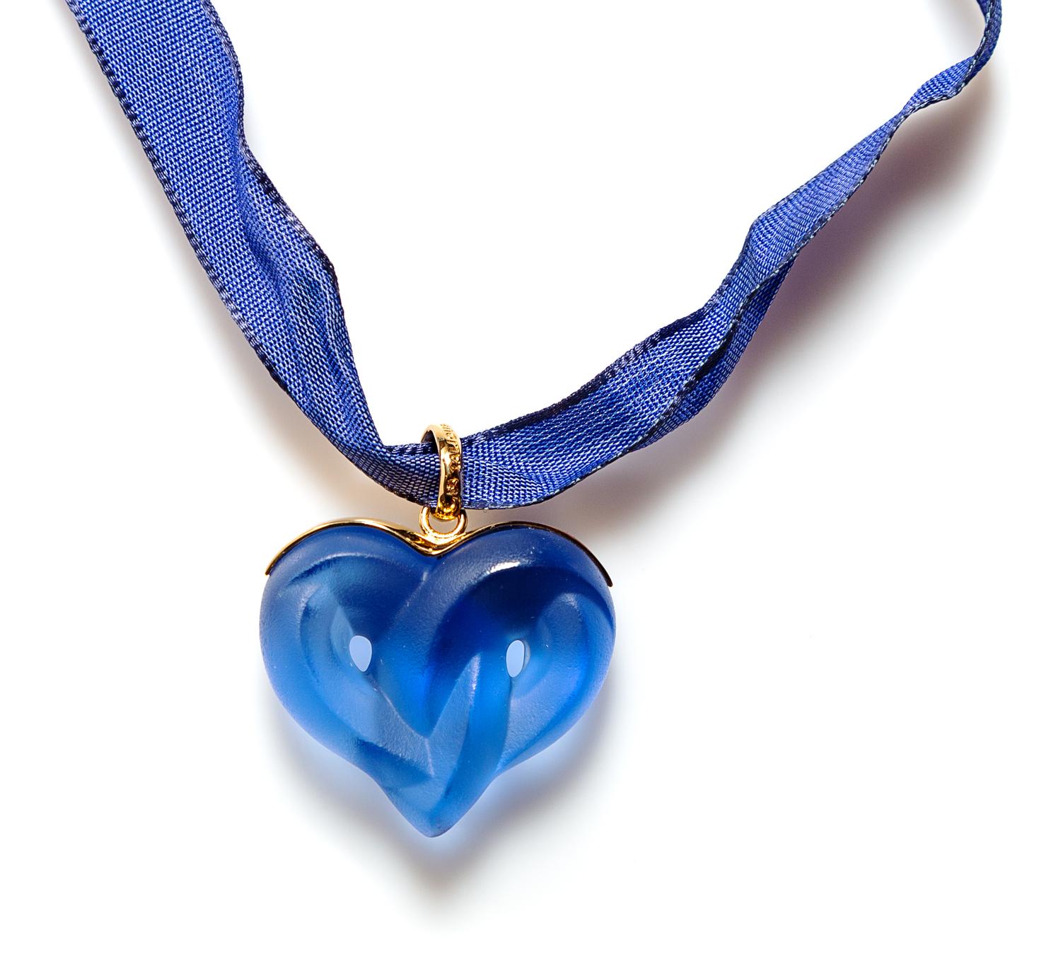 Lalique Blue Knotted Heart Pendant Necklace, 1" x 1".