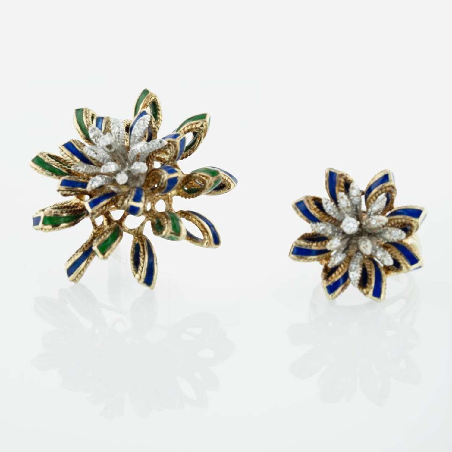 A Set of 14K Yellow, Diamond, and Enamel Jewelry