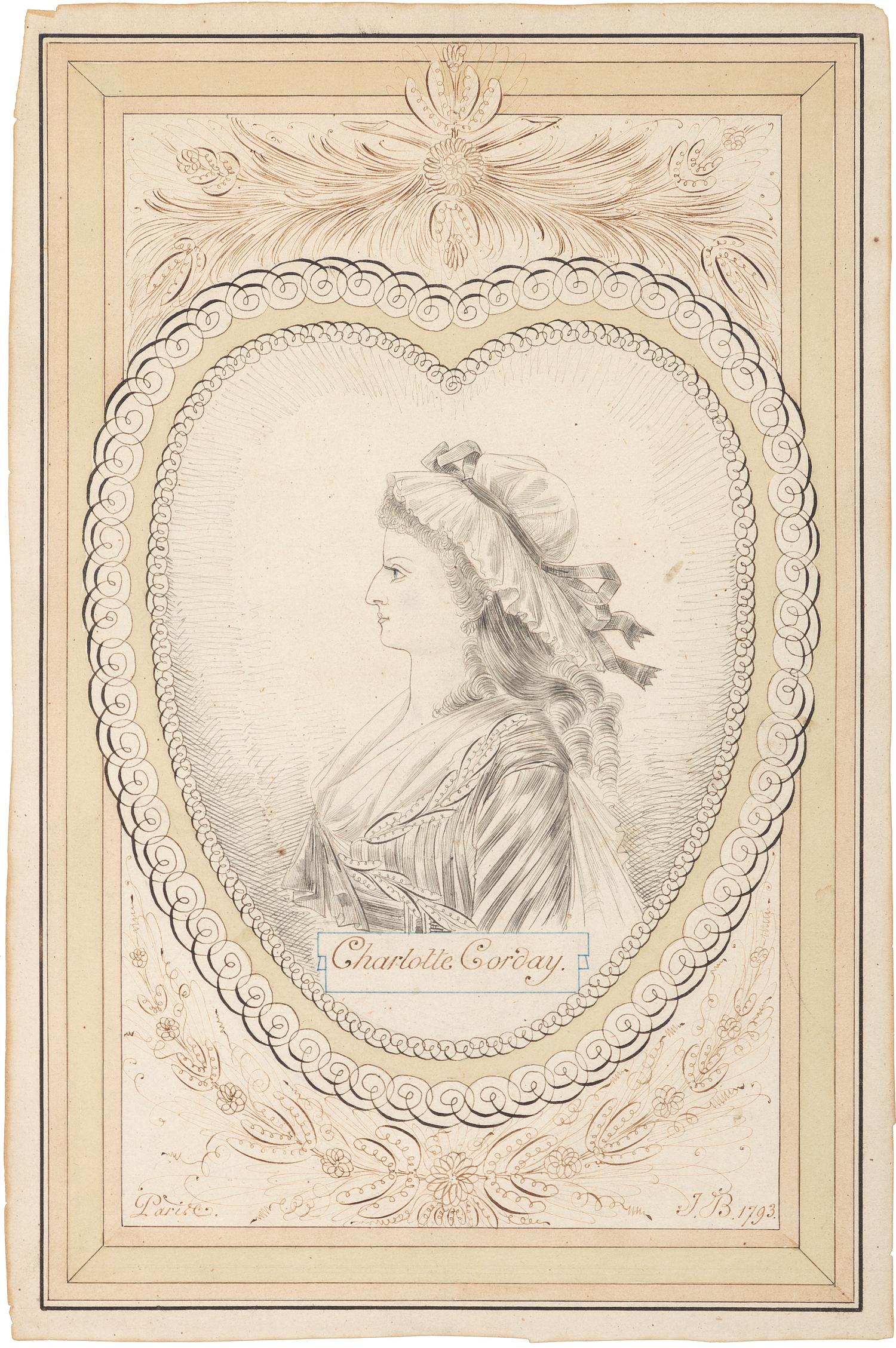 [FRENCH REVOLUTION]. CORDAY, Marie Charlotte (1763-1893). Ink and watercolor portrait of Charlotte Corday.