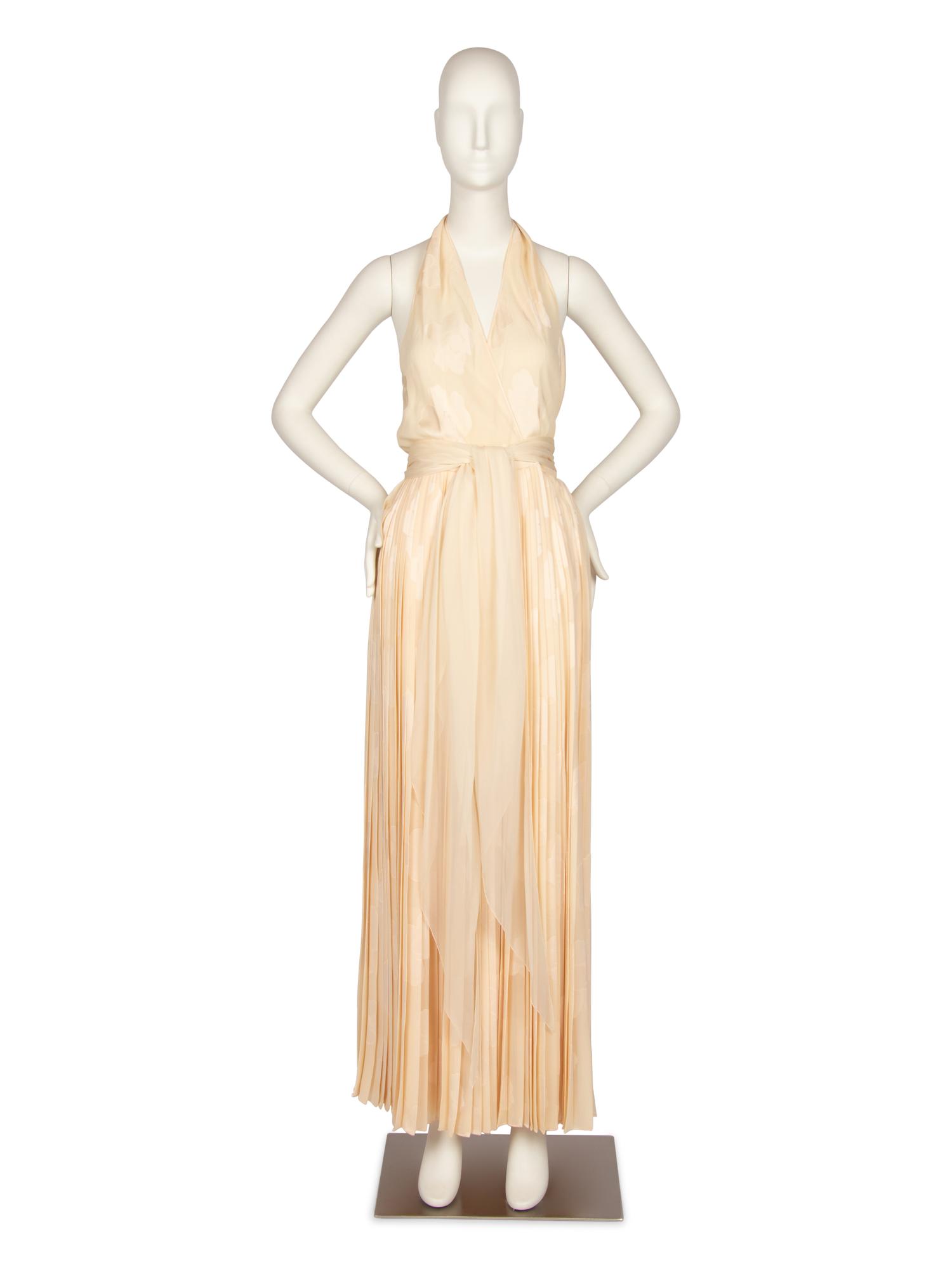 Galanos Cream Satin Halter Dress and Scarf, 1970s