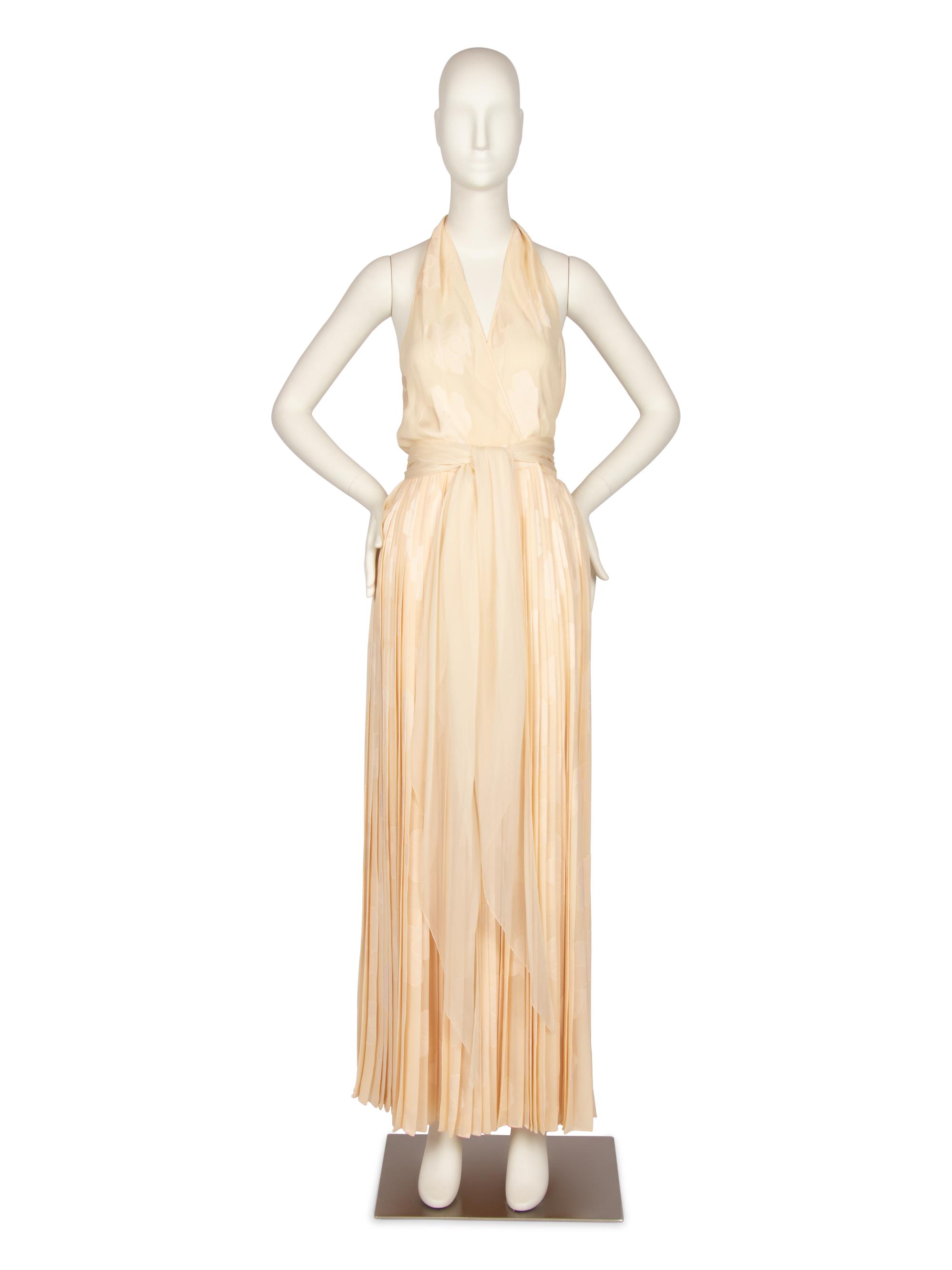 Galanos Cream Satin Halter Dress and Scarf, 1970s
