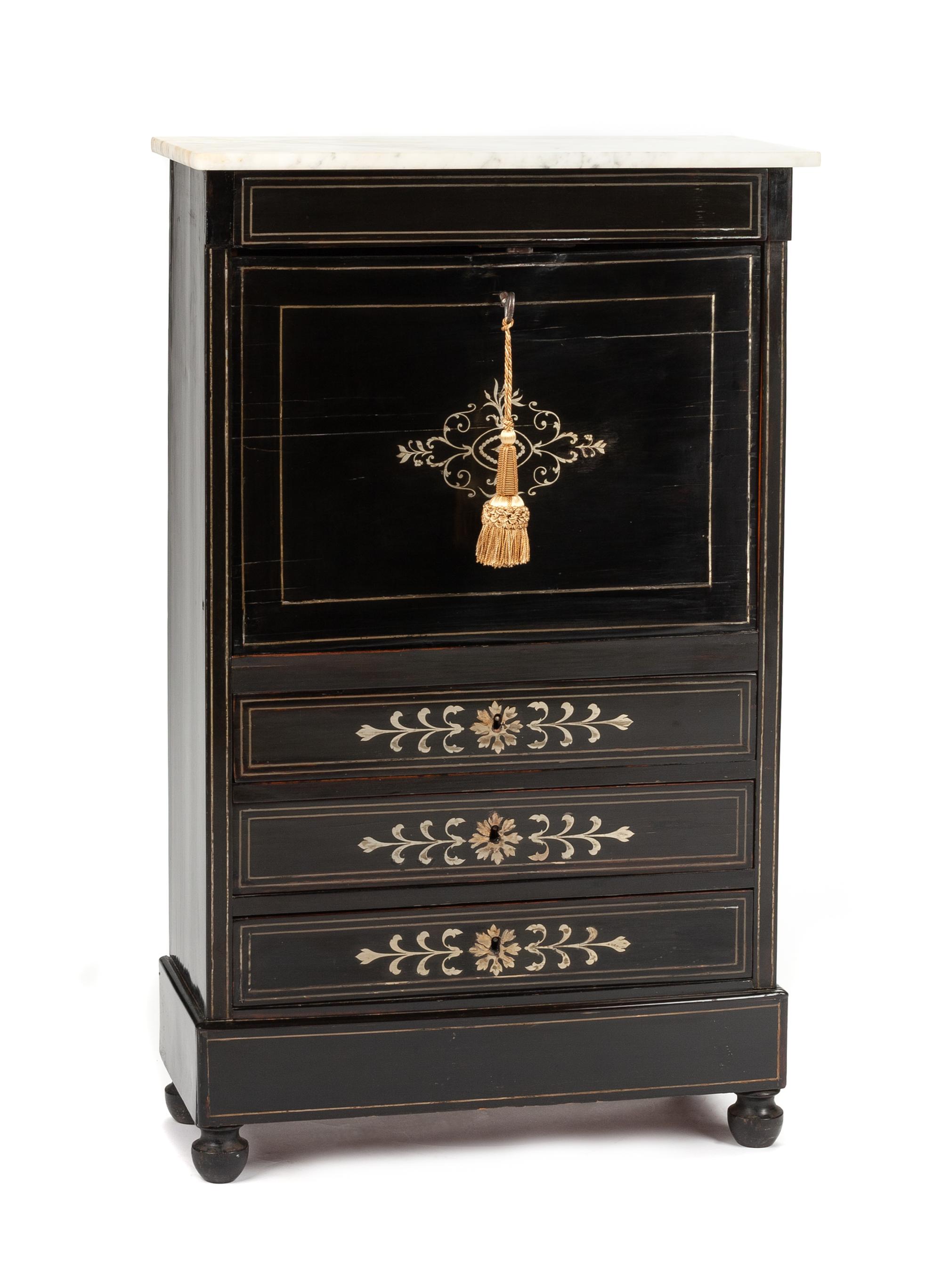 A Louis Philippe Style Diminutive Pewter Inlaid Ebonized Secretaire a Abattant Height 27 1/2 x width 17 x depth 7 3/4 inches. — 19TH CENTURY