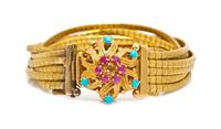 An 18 Karat Yellow Gold, Turquoise and Ruby Multi-Strand Bracelet, Italian, 40.60 dwts.
