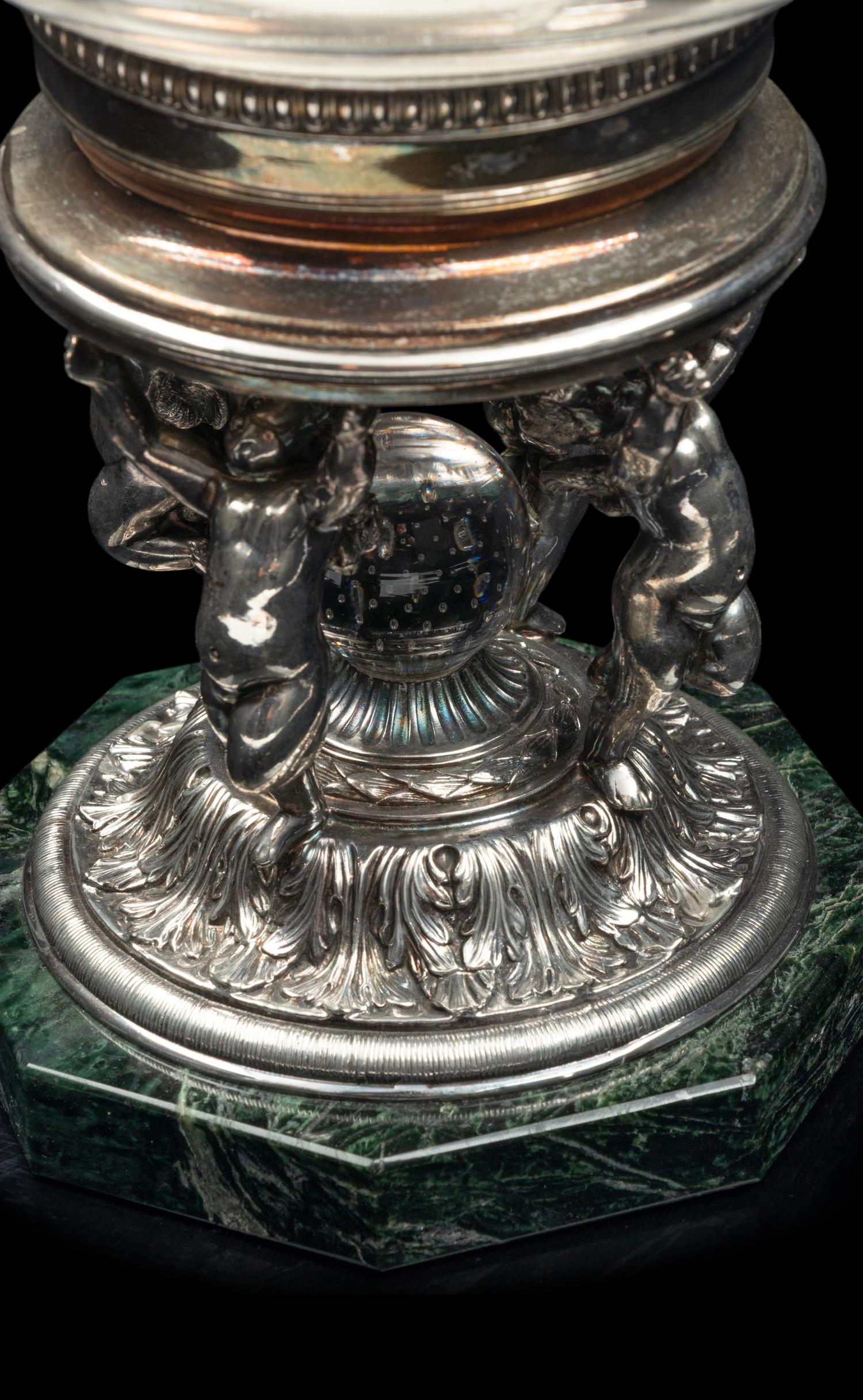 A Cut Glass, Silver-Plate and Marble Hurricane Candlestick