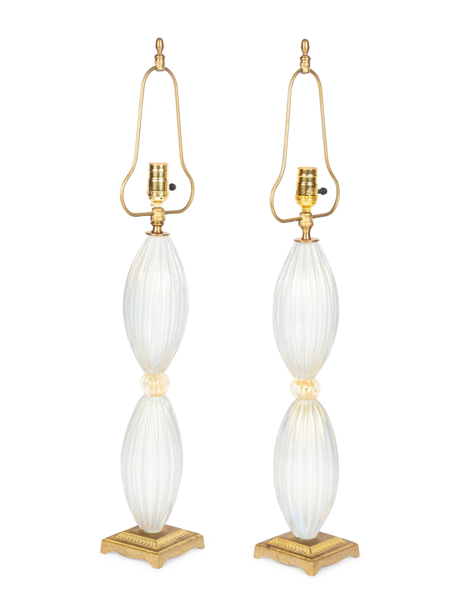 A Pair of Murano Glass Lamps with Pleated Shades