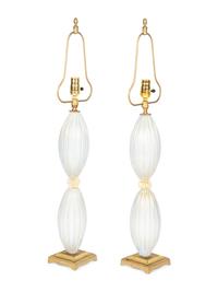 A Pair of Murano Glass Lamps with Pleated Shades