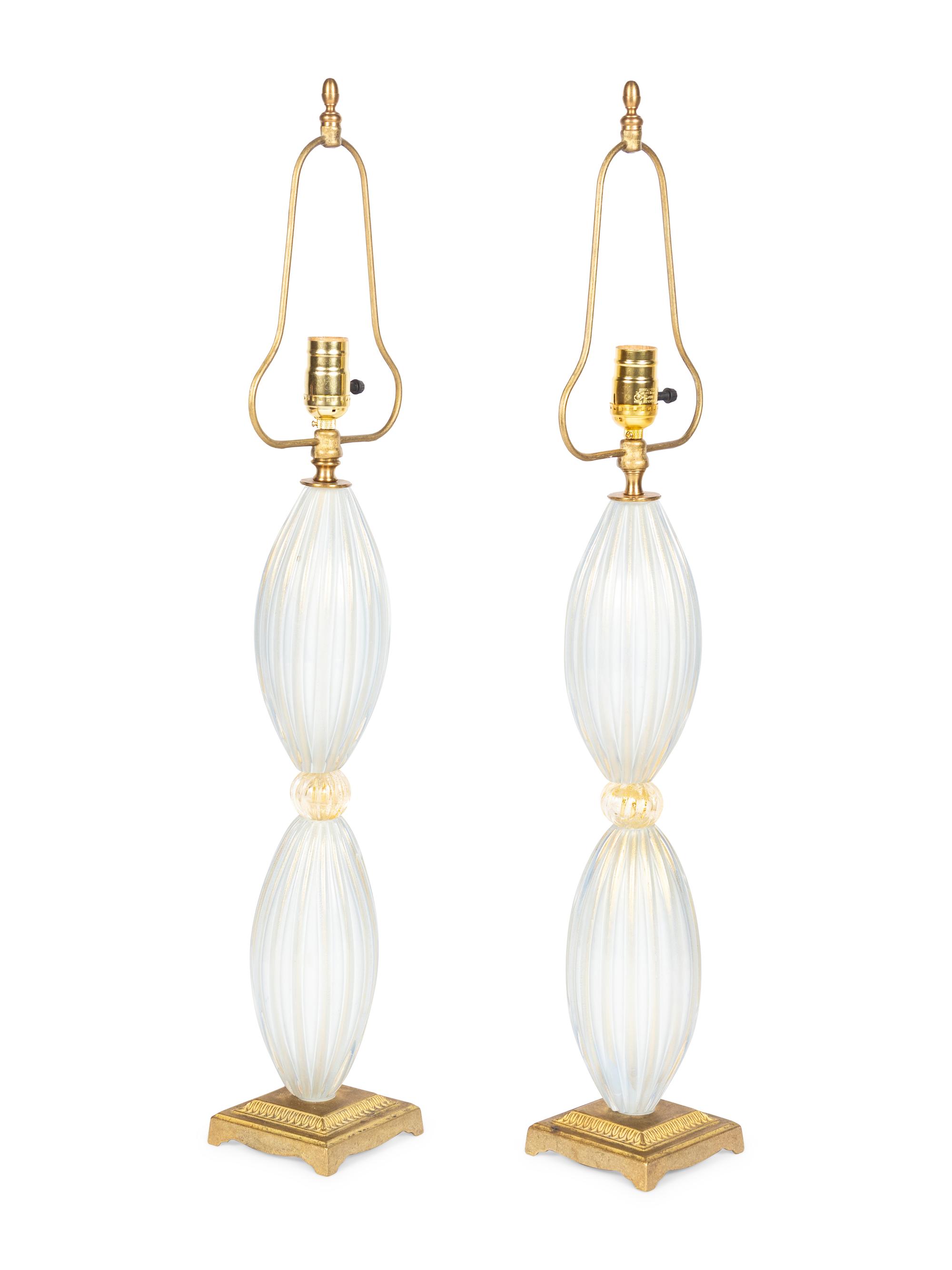 A Pair of Murano Glass Lamps with Pleated Shades