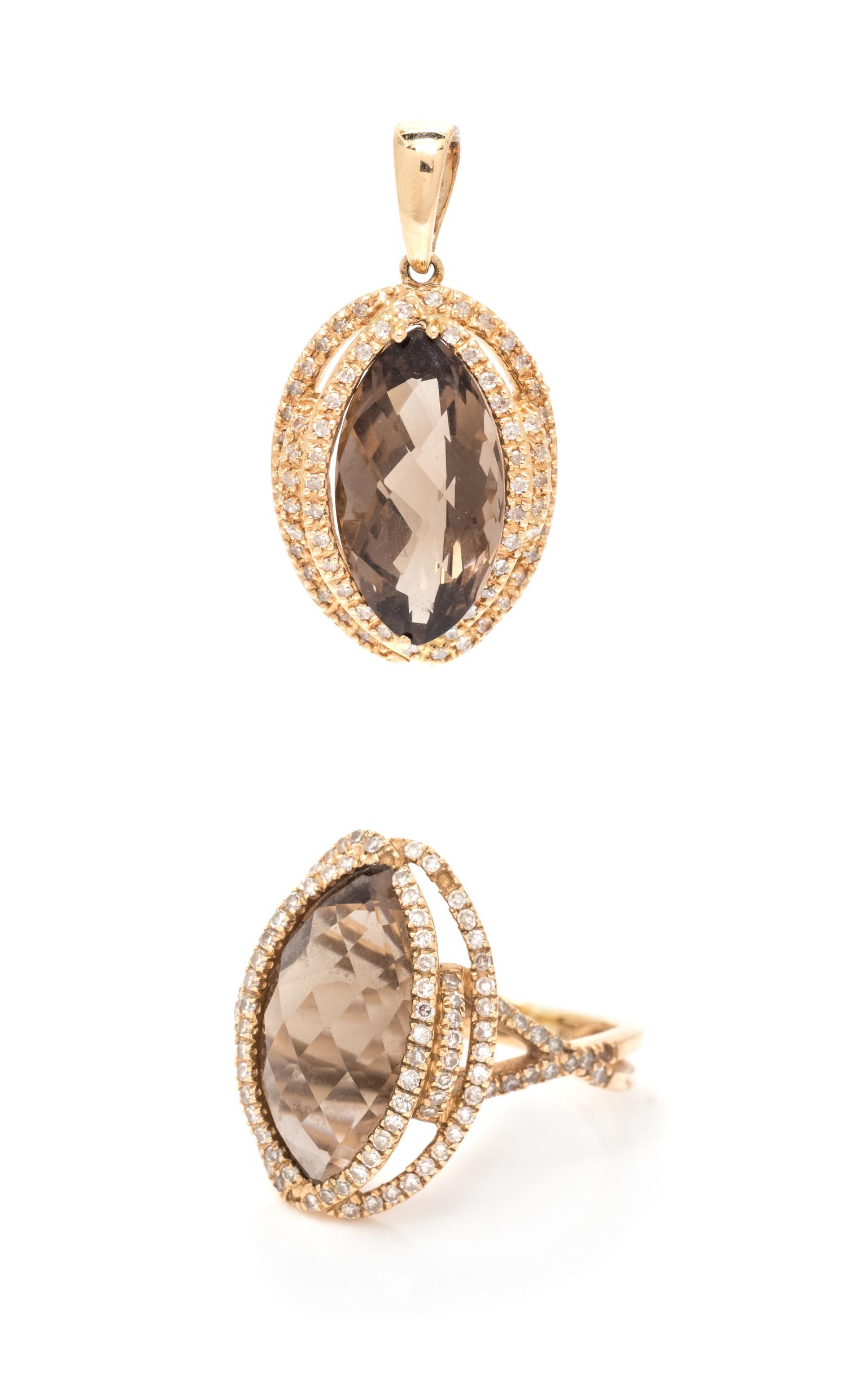 A 14 Karat Yellow Gold, Smoky Quartz and Diamond Demi-Parure,