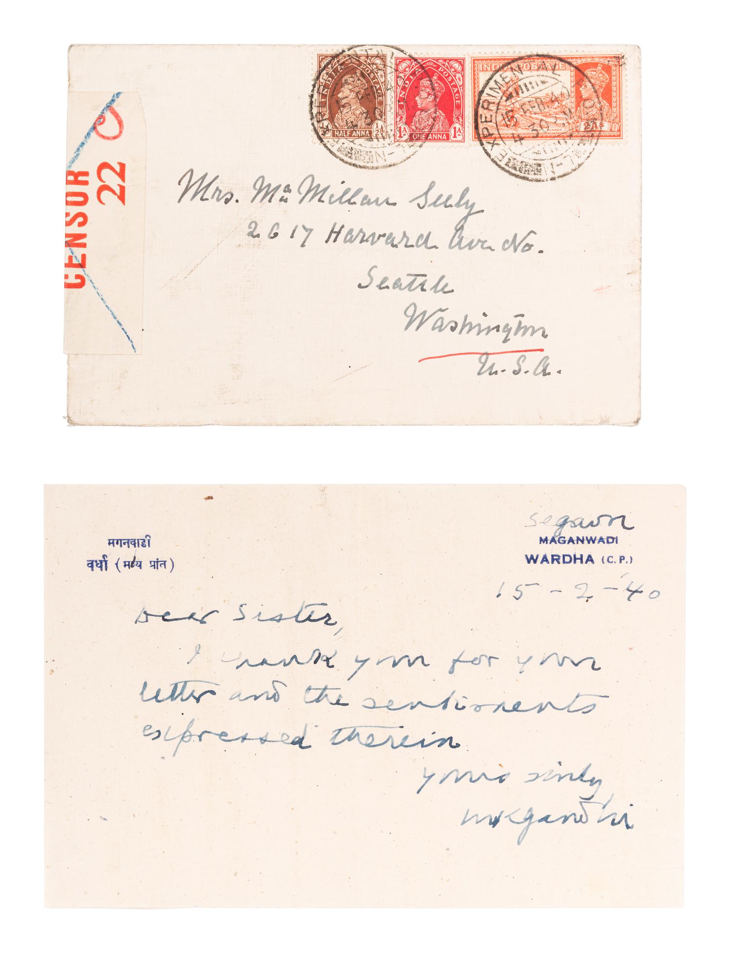 GANDHI, Mohandas K. (1869-1948). Autograph letter signed (“MK Gandhi”), to Mrs. McMillan Seely. Segaon, 15 February 1940.