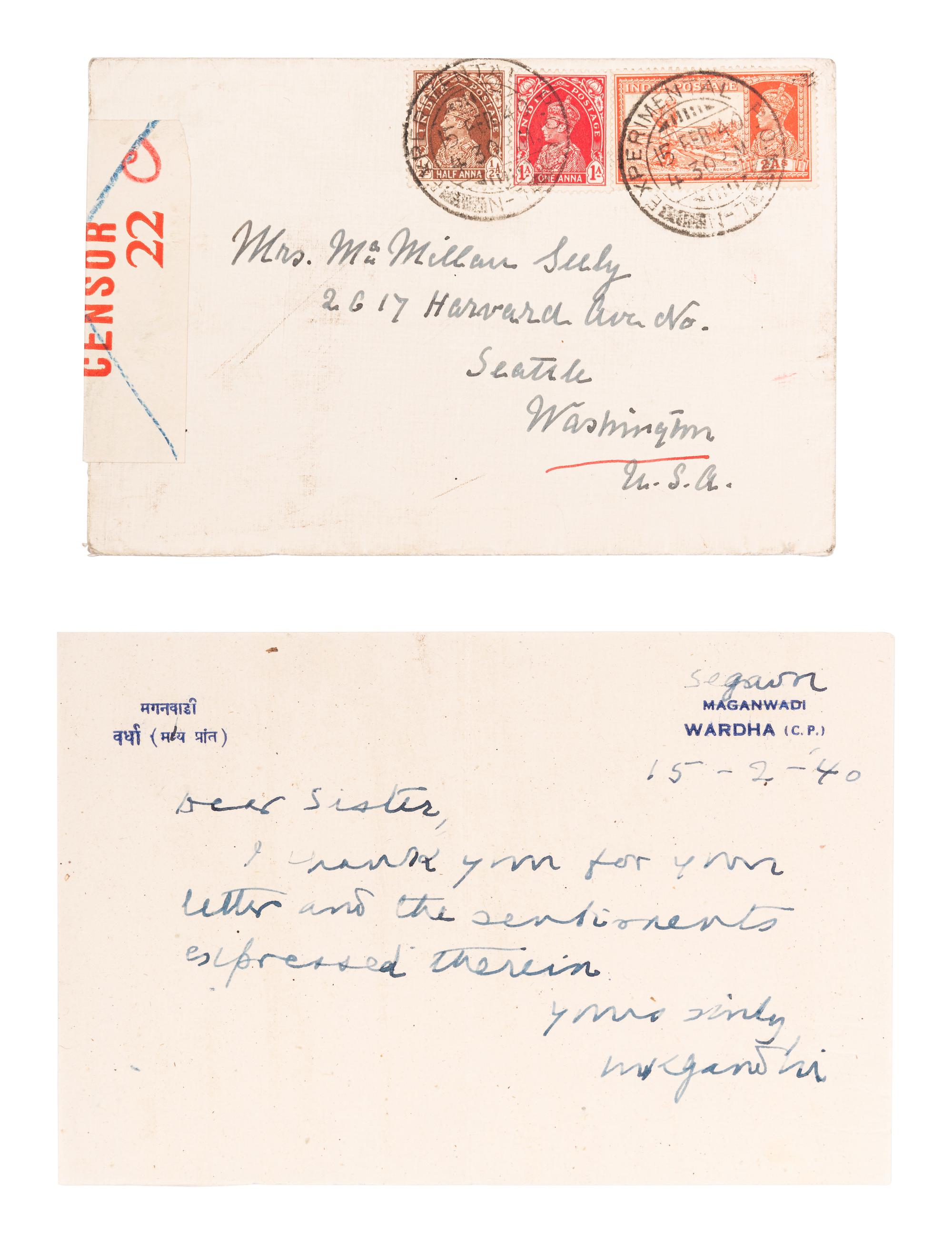 GANDHI, Mohandas K. (1869-1948). Autograph letter signed (“MK Gandhi”), to Mrs. McMillan Seely. Segaon, 15 February 1940.