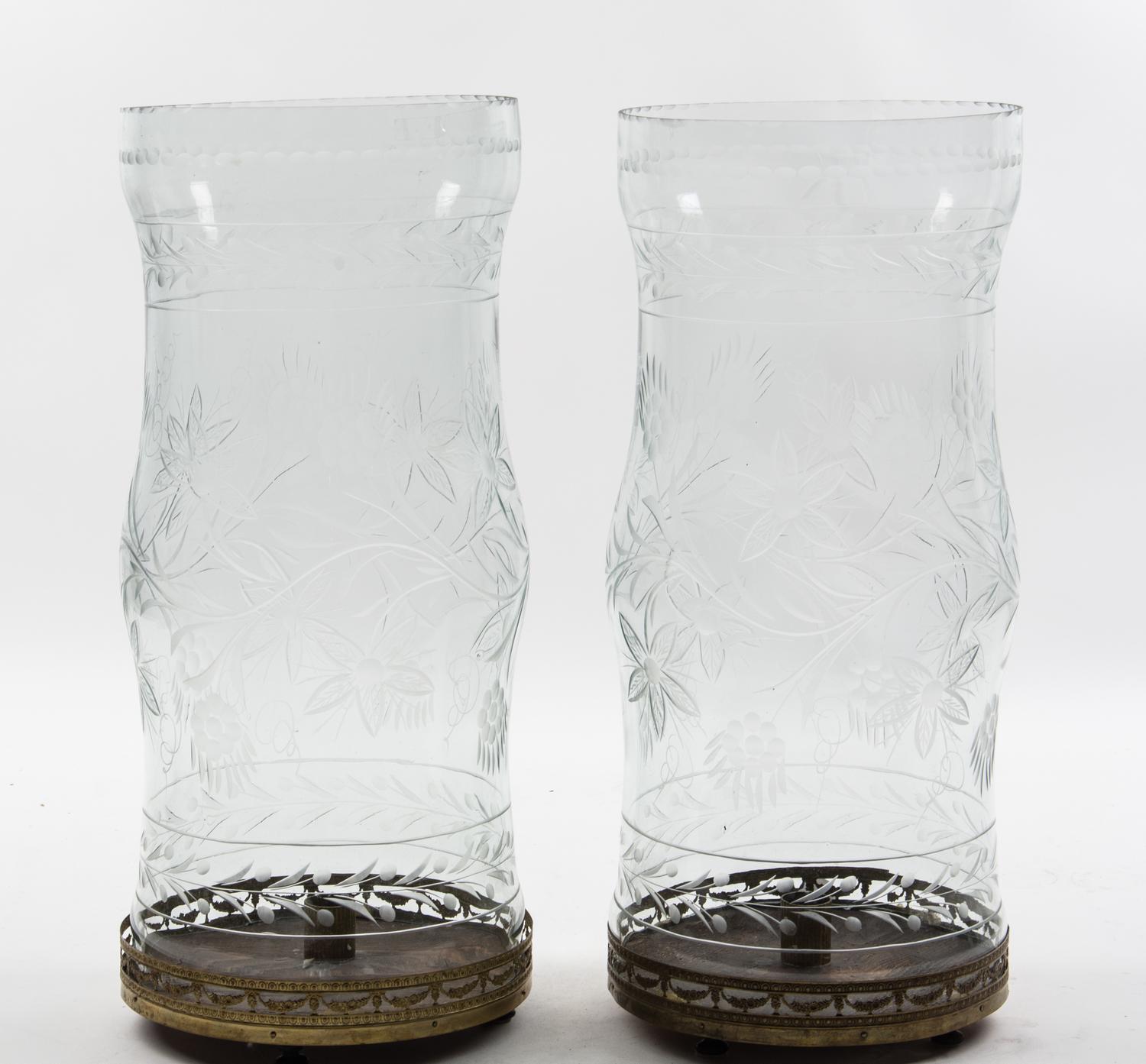 A Pair of Large Etched Glass Hurricanes Height 21 inches.