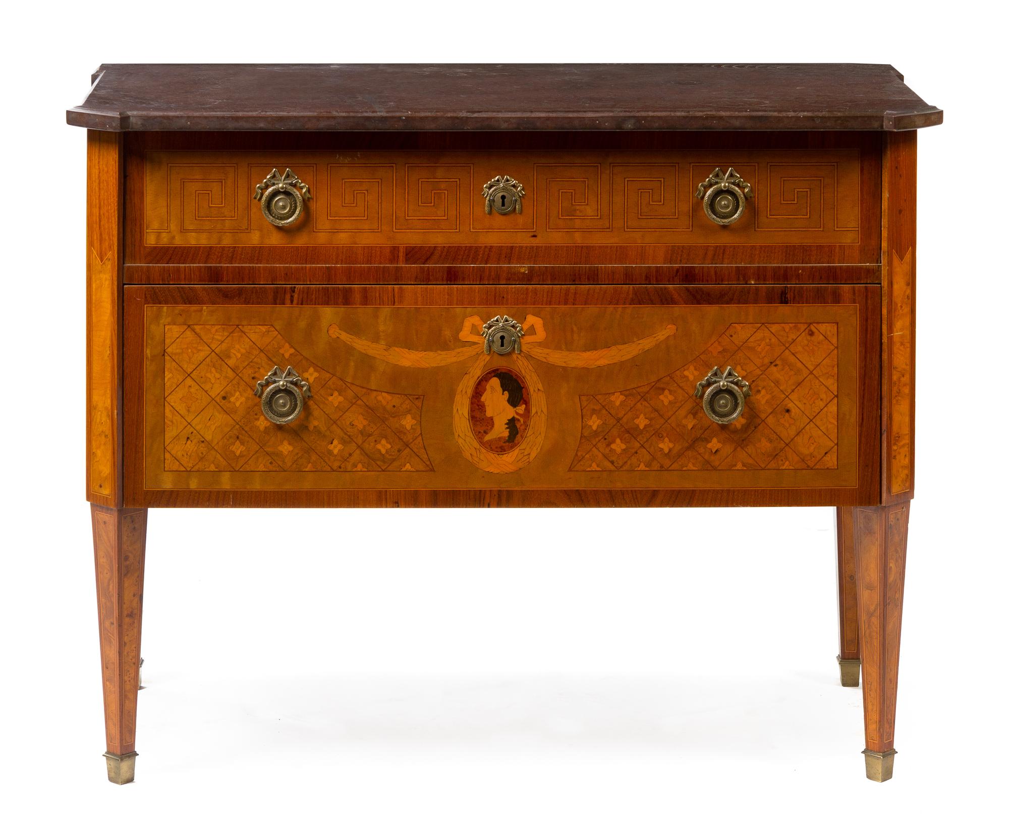 A Louis XVI Style Gilt Bronze Mounted Marquetry Commode Height 32 x width 41 x depth 19 3/4 inches. — 20TH CENTURY