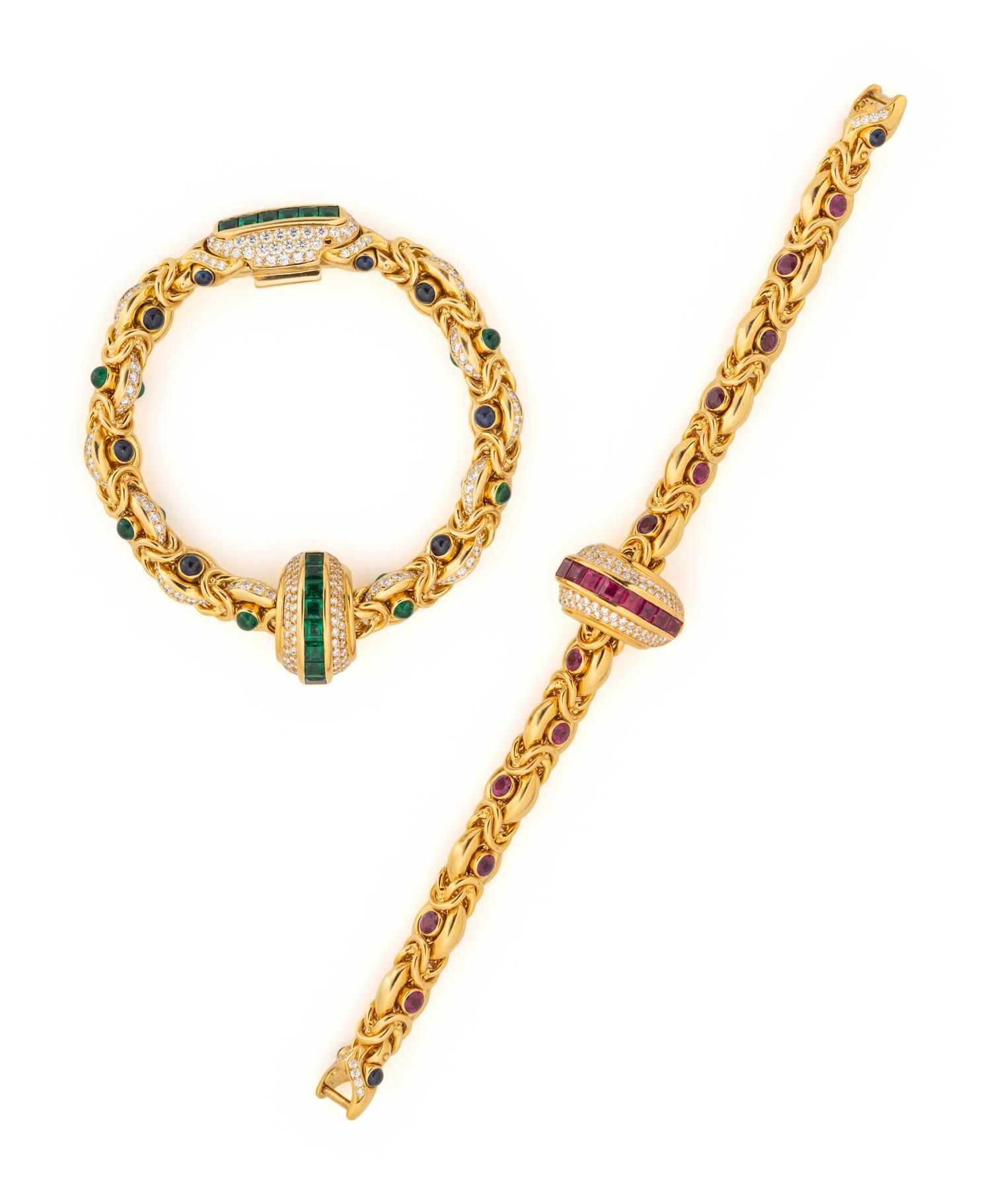 COLLECTION OF YELLOW GOLD AND MULTIGEM CONVERTIBLE BRACELETS
