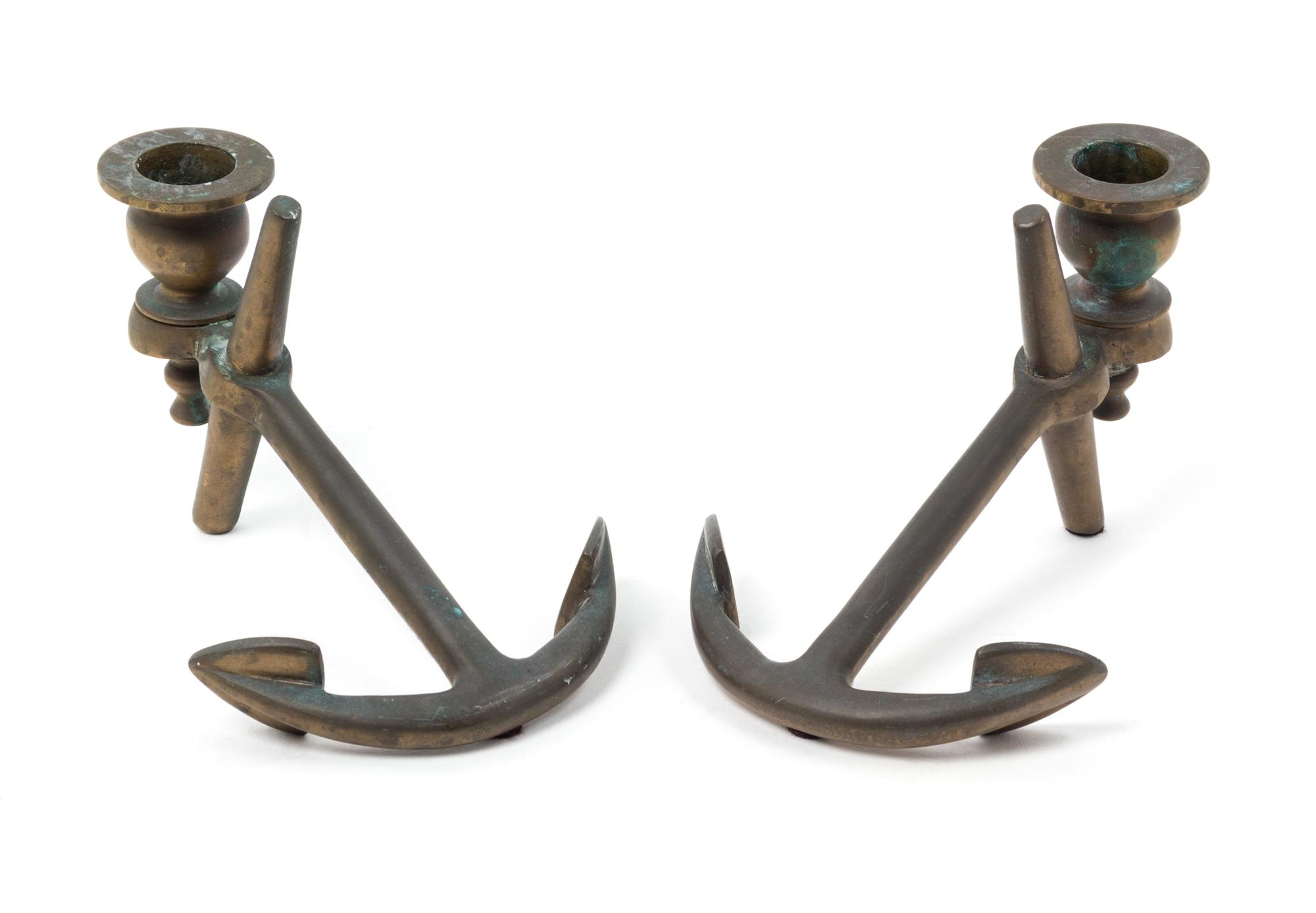 A Pair of Brass Anchor-Form Candlesticks Height of hurricane shades 14 1/4 inches. — 20TH CENTURY