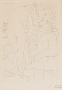 Pablo Picasso (Spanish, 1881–1973) — Le Repos du Sculpteur devant un Nu à la Draperie (from La Suite Vollard )