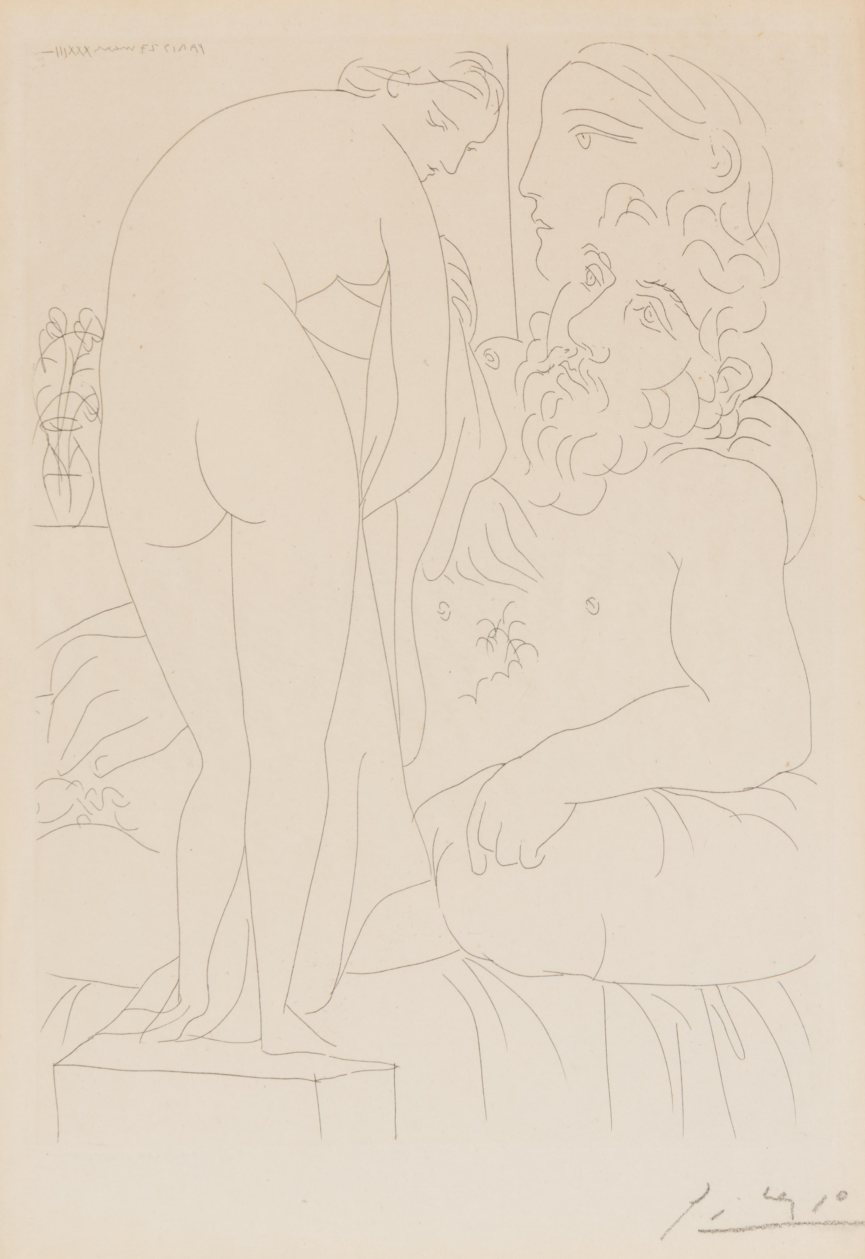Pablo Picasso (Spanish, 1881–1973) — Le Repos du Sculpteur devant un Nu à la Draperie (from La Suite Vollard )