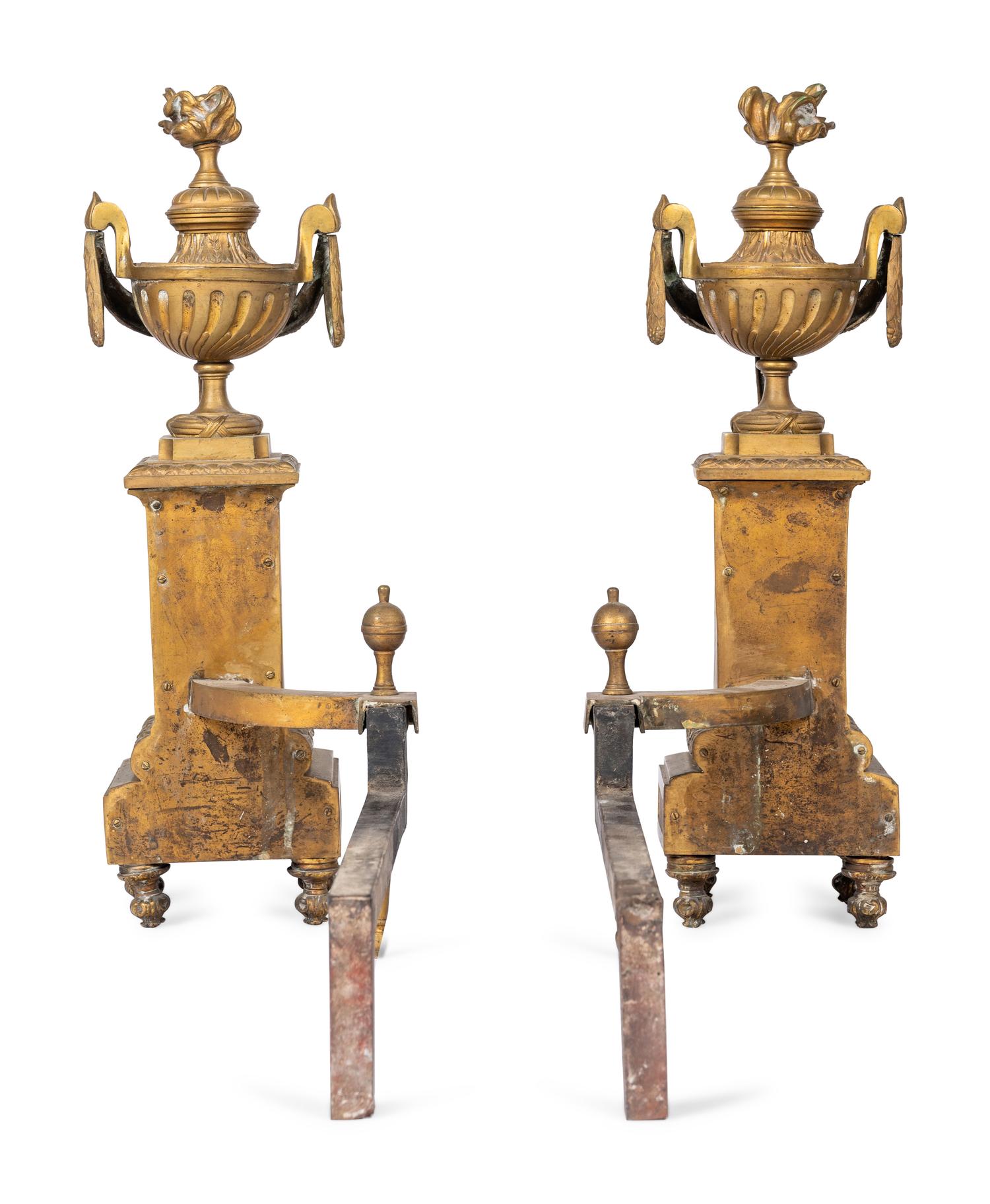 A Pair of Louis XVI Style Gilt Bronze Andirons