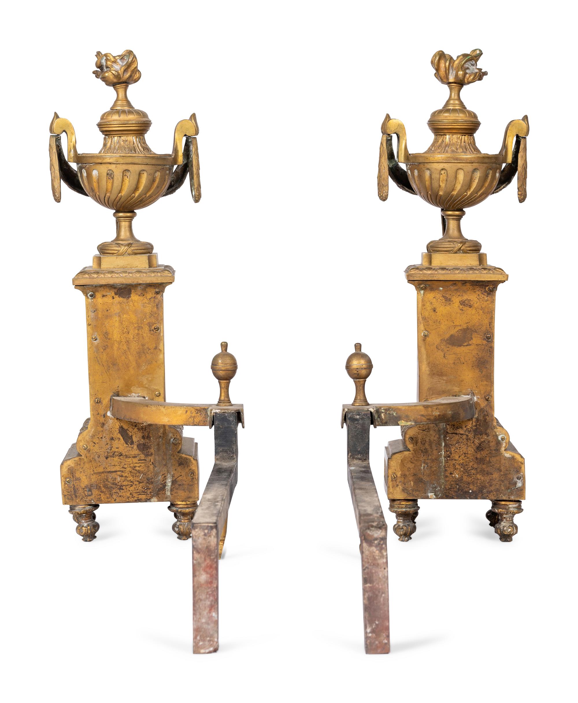 A Pair of Louis XVI Style Gilt Bronze Andirons