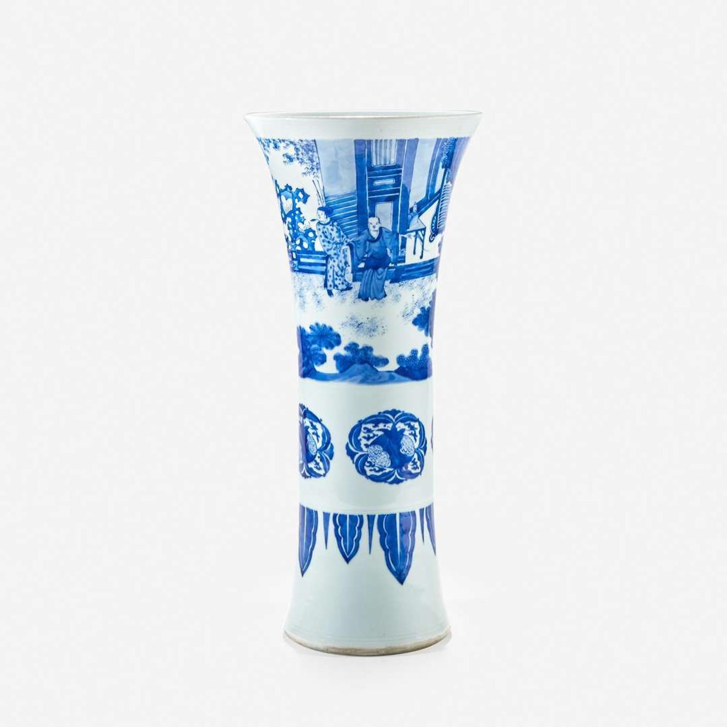 A large finely-decorated Chinese blue and white porcelain "Romance of the Western Chamber" gu-form beaker vase