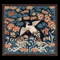 Two Chinese Embroidered Silk 'Silver Pheasant' Rank Badges, Buzi, 19th Century 清中晚期 刺綉五品文官白鹇補子兩幅