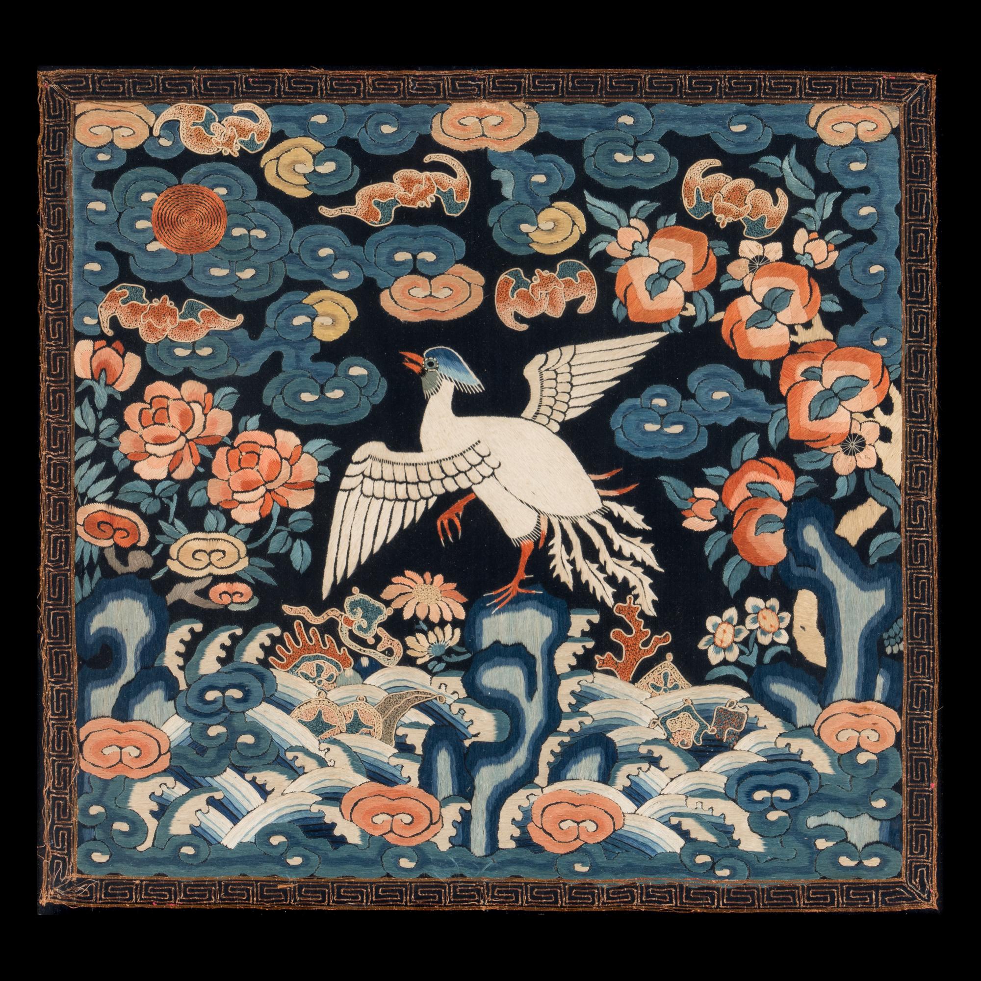 Two Chinese Embroidered Silk 'Silver Pheasant' Rank Badges, Buzi, 19th Century 清中晚期 刺綉五品文官白鹇補子兩幅
