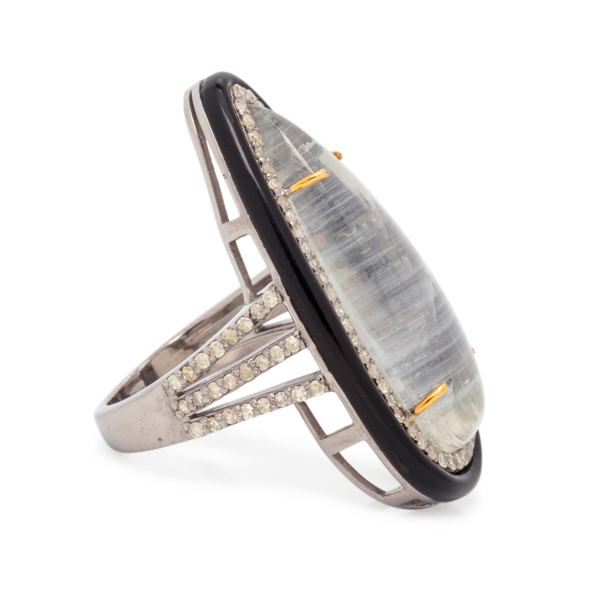 MOONSTONE, DIAMOND AND ONYX RING