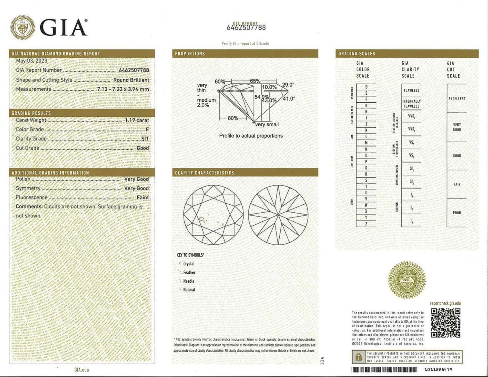 A Pair of 14K White Gold and Diamond Studs 1.18 Carat & 1.19 Carat Round Brilliant-Cut Diamonds, GIA Certified
