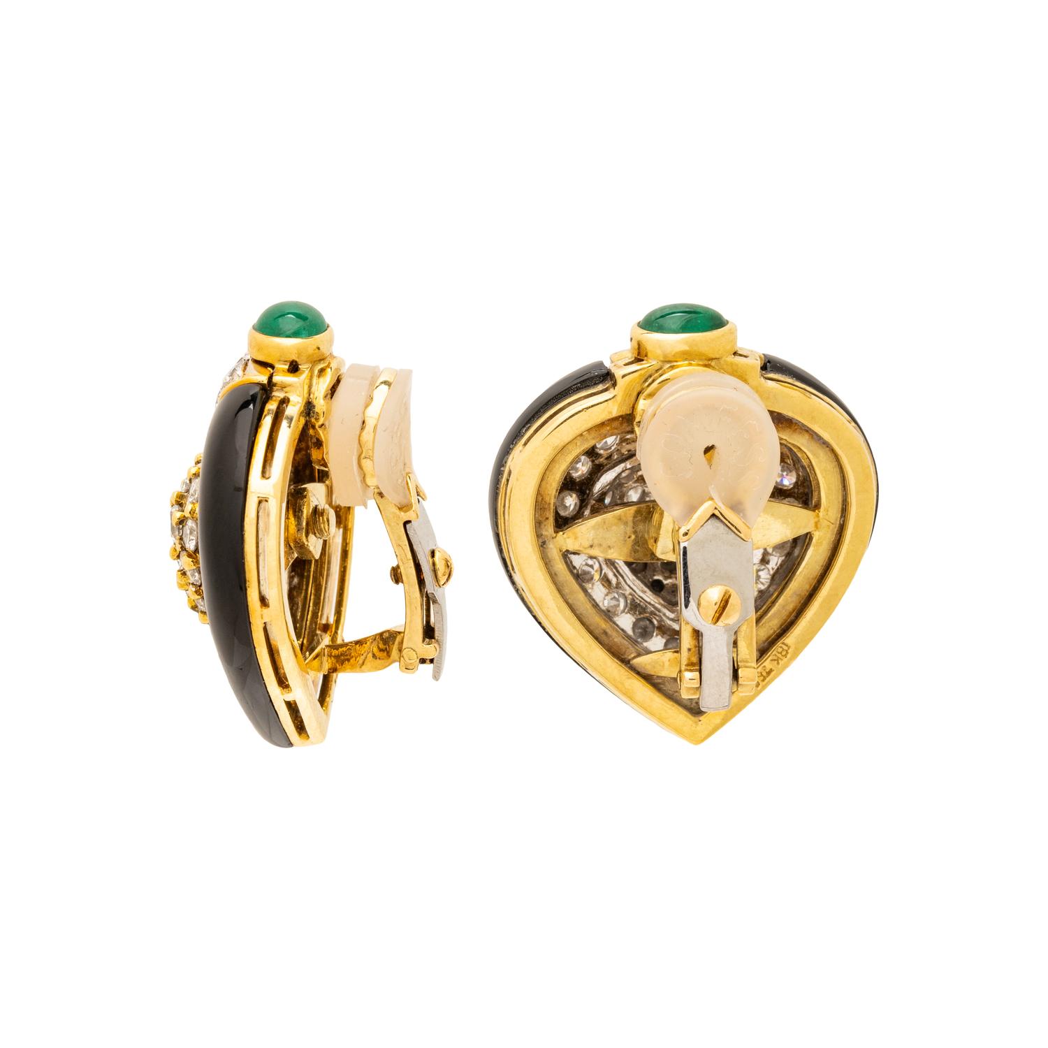 DIAMOND, EMERALD AND ONYX CLIP EARRINGS