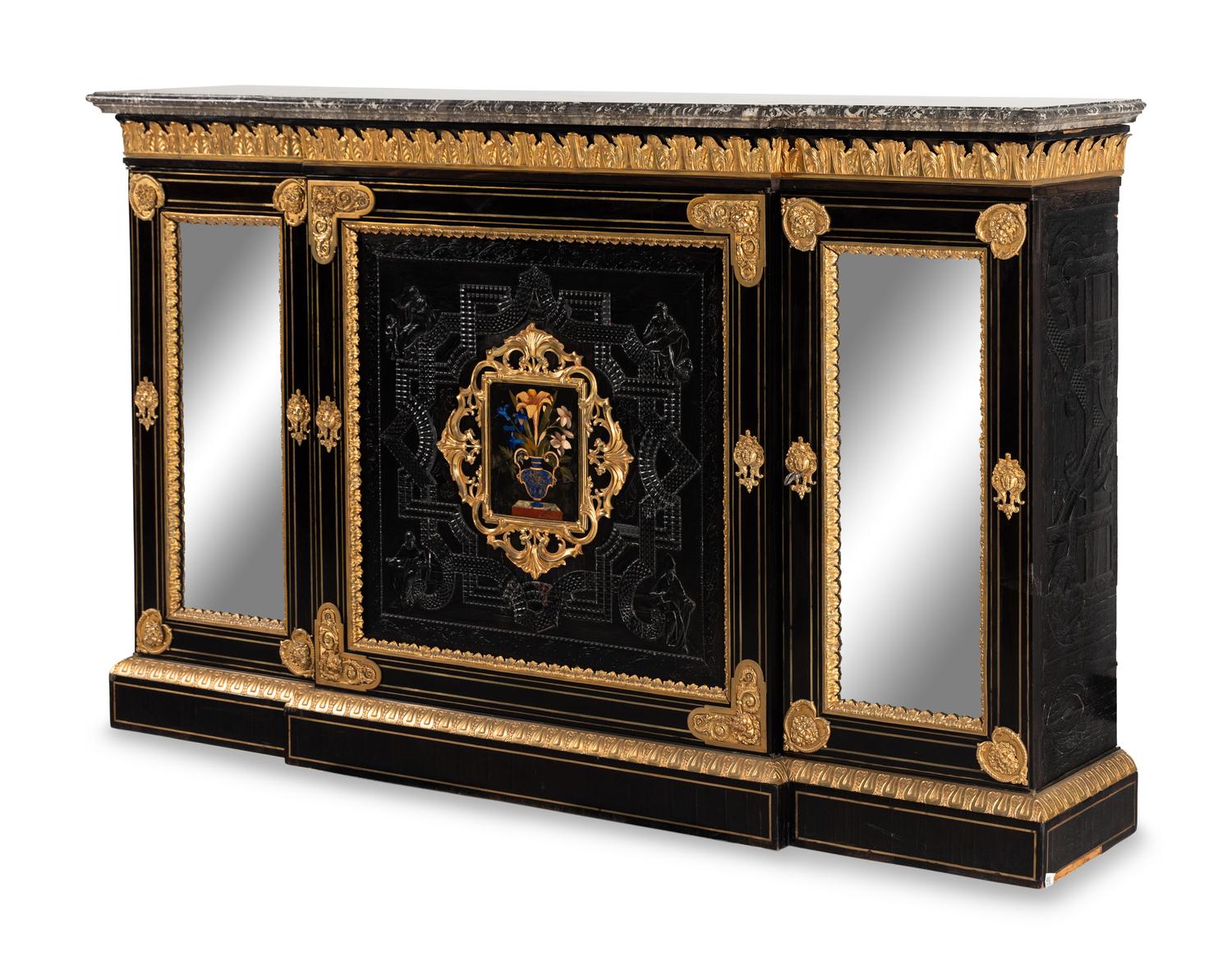A Napoleon III Bas Relief-Carved, Gilt Bronze Mounted and Pietra Dura-Inset Marble-Top Cabinet