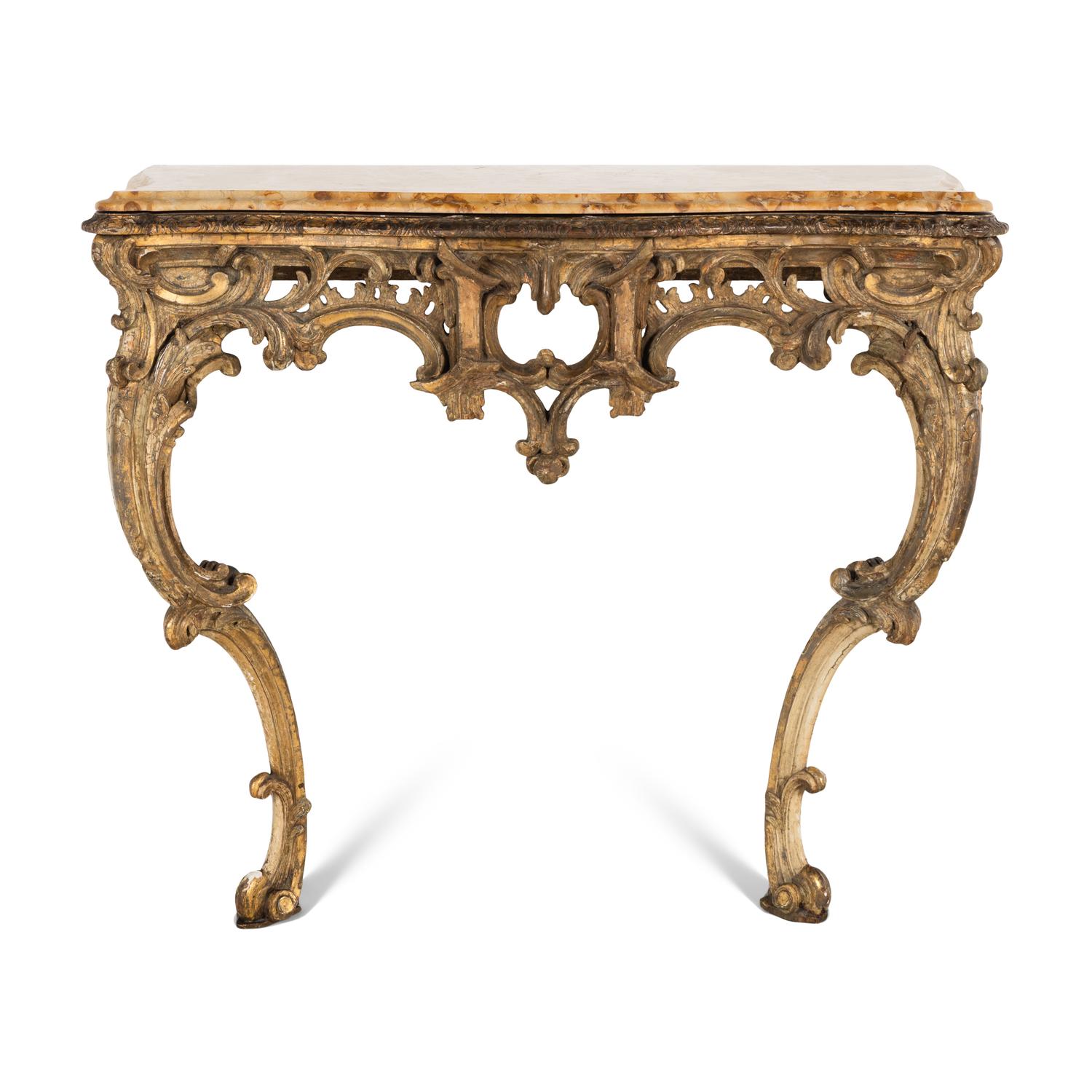 A Louis XV Painted and Parcel Gilt Marble-Top Console Table