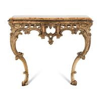 A Louis XV Painted and Parcel Gilt Marble-Top Console Table