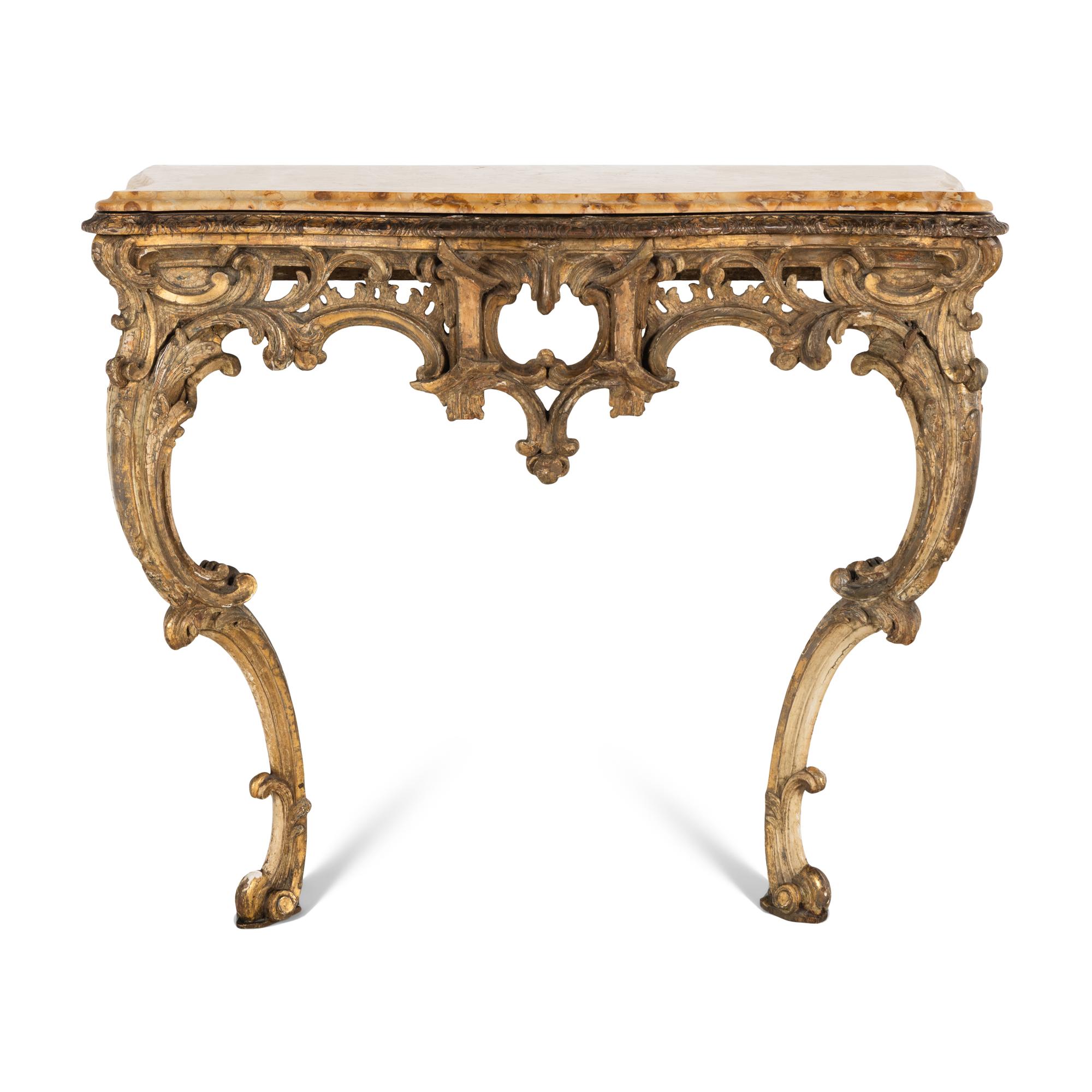 A Louis XV Painted and Parcel Gilt Marble-Top Console Table