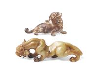 A Chinese Two-Tone Stone Bixie and a Yellowish-Beige Jade Mythical Beast