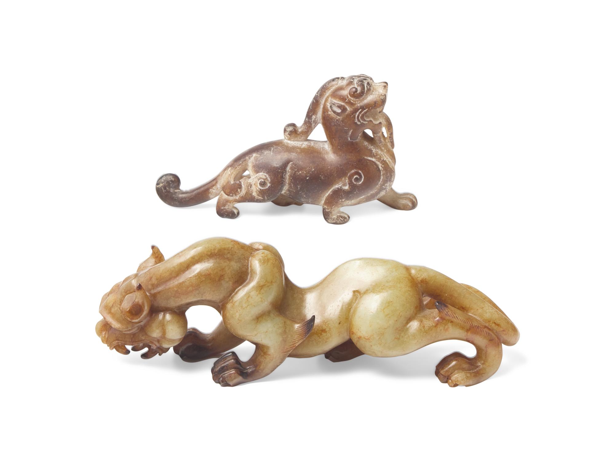 A Chinese Two-Tone Stone Bixie and a Yellowish-Beige Jade Mythical Beast