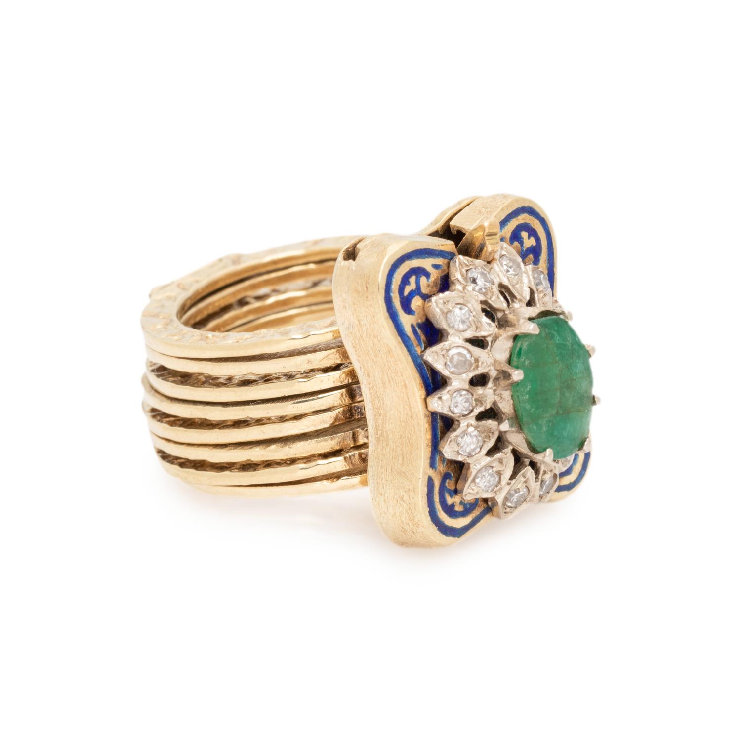 CONVERTIBLE YELLOW GOLD, EMERALD, DIAMOND AND ENAMEL RING/ BRACELET