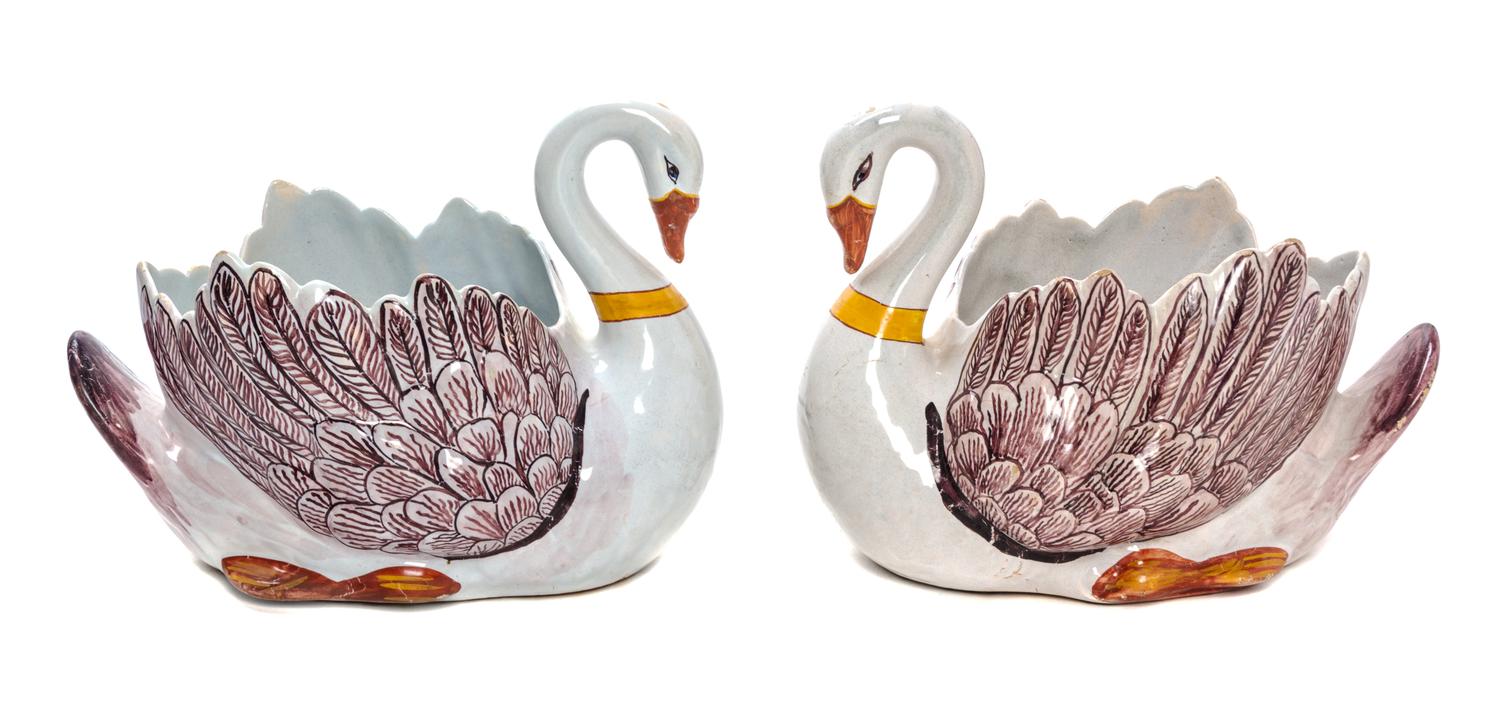A Pair of Quimper Pottery Swan Form Bowls Height 7 1/2 inches.
