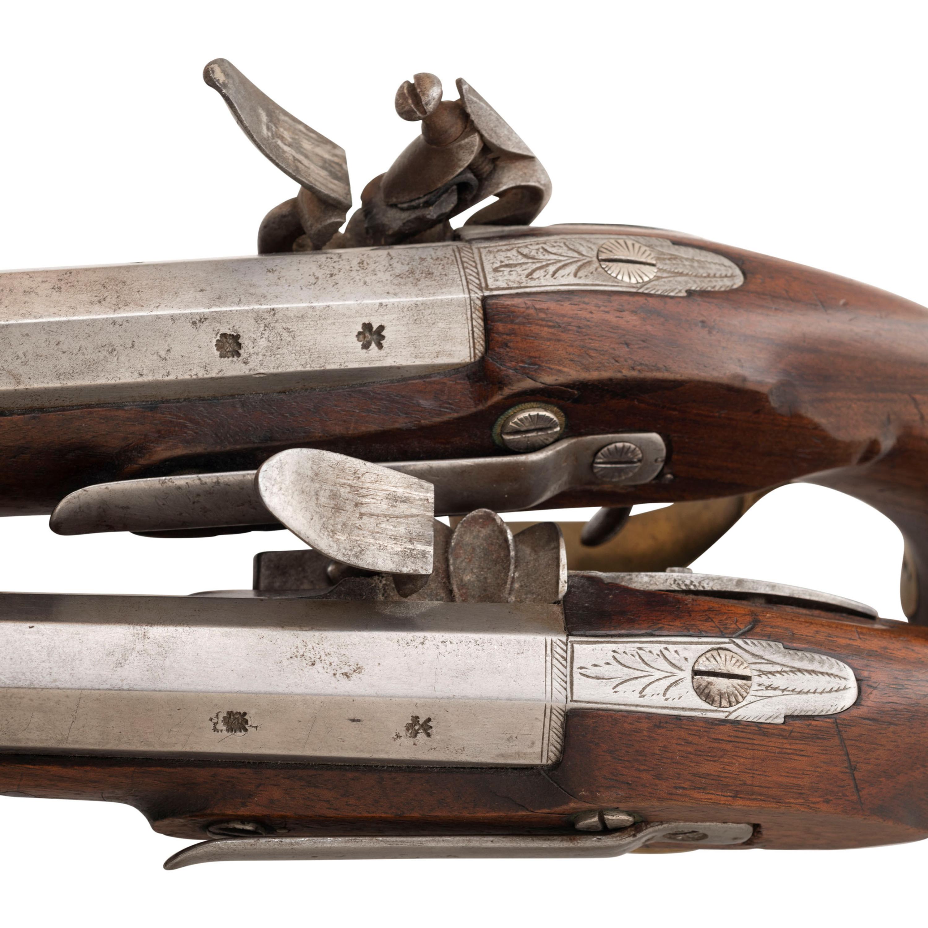 Pair of British Flintlock Pistols with Belt Hooks by Hampton