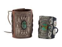 Pair of Navajo Silver and Turquoise Ketohs, with Stamping and Repousse