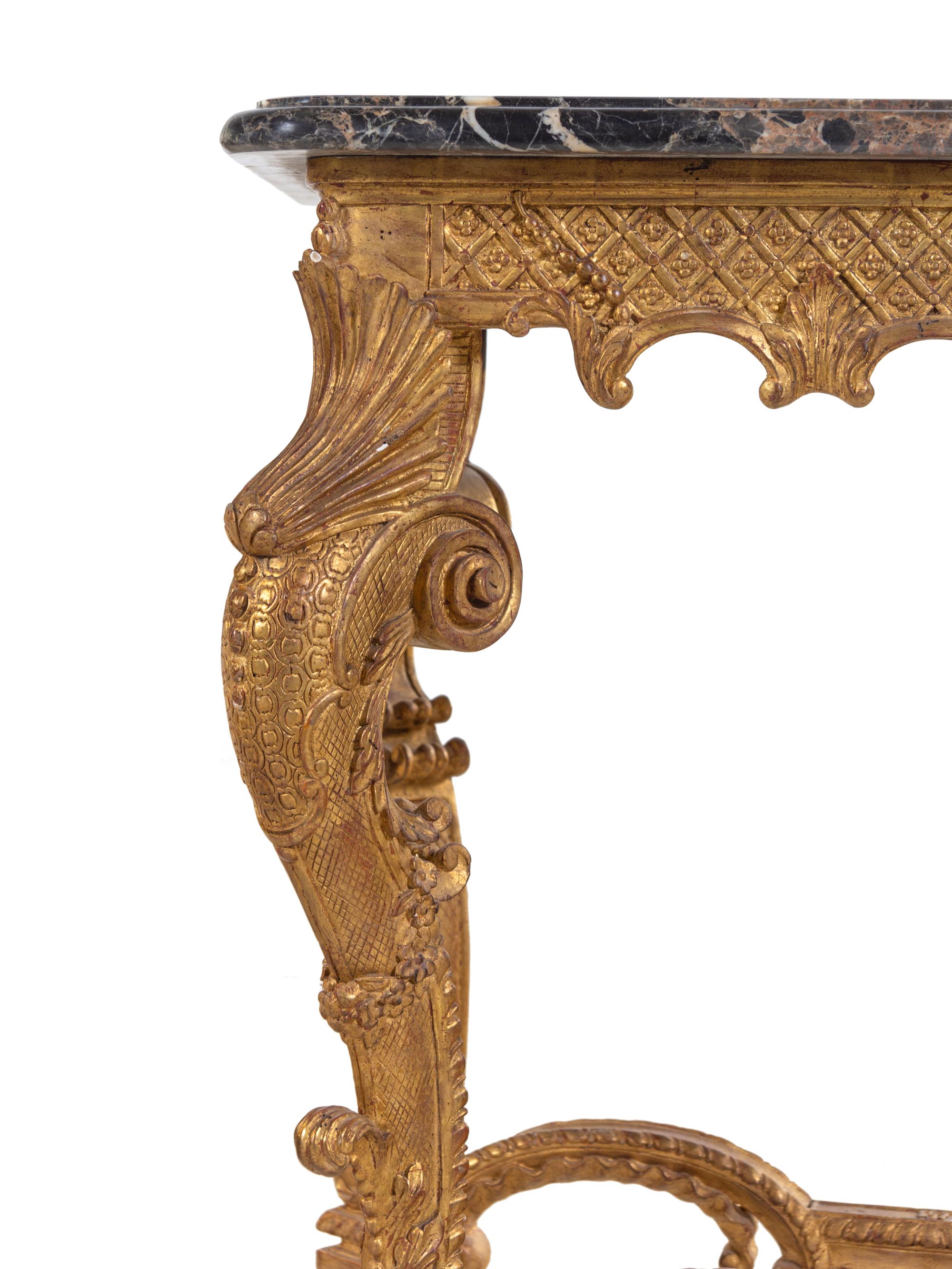 A Pair of Louis XV Style Giltwood Marble-Top Console Tables