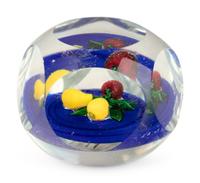 A Miniature Ronald Hansen Bundle of Fruit on Cobalt Ground Faceted Glass Paperweight