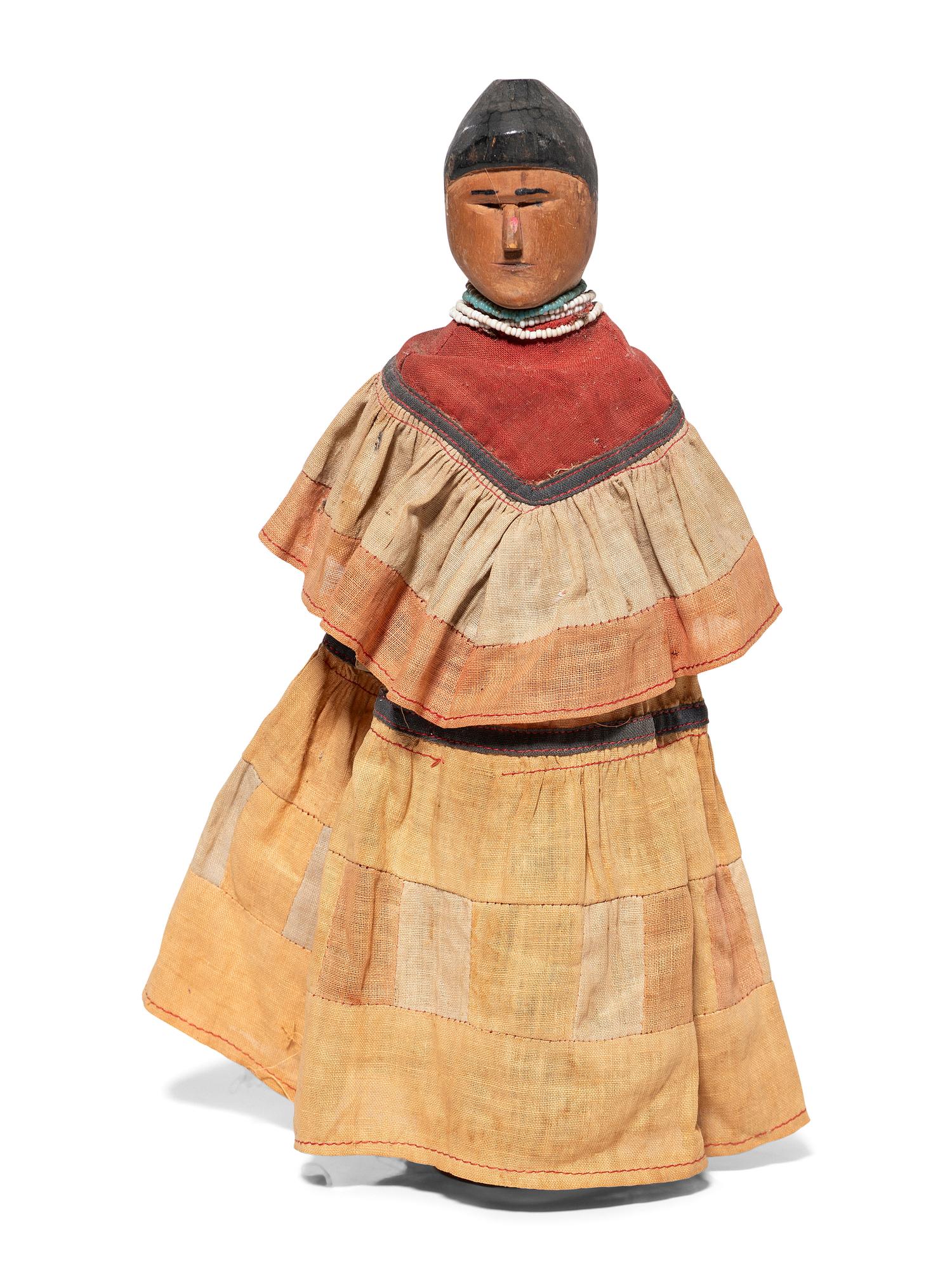 Seminole Carved and Painted Wood Doll, with Patchwork Dress