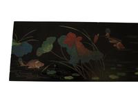 Two Chinese Black Lacquer Tables with Polychrome Lotus Flower and Dragon Fly Decoration — 20th Century