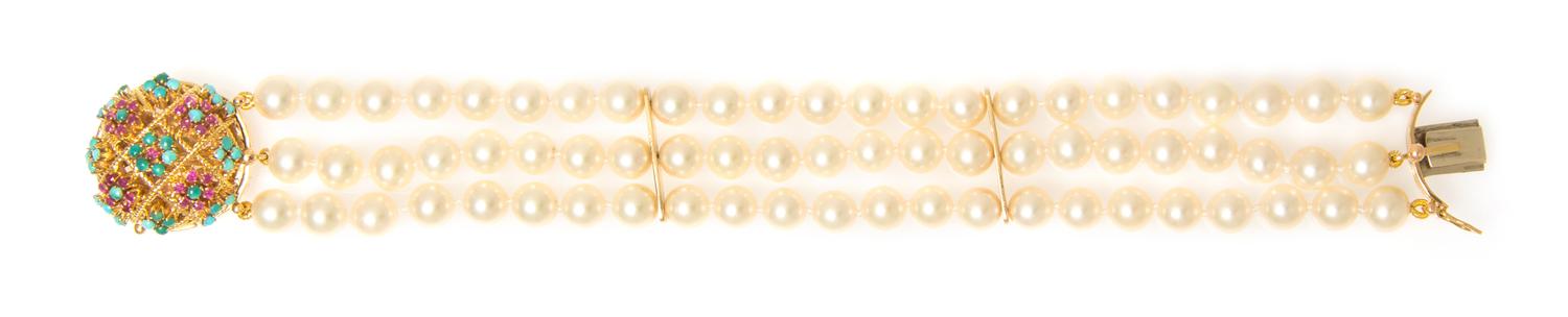 An 18 Karat Yellow Gold, Turquoise, Ruby and Cultured Pearl Bracelet, Italian,