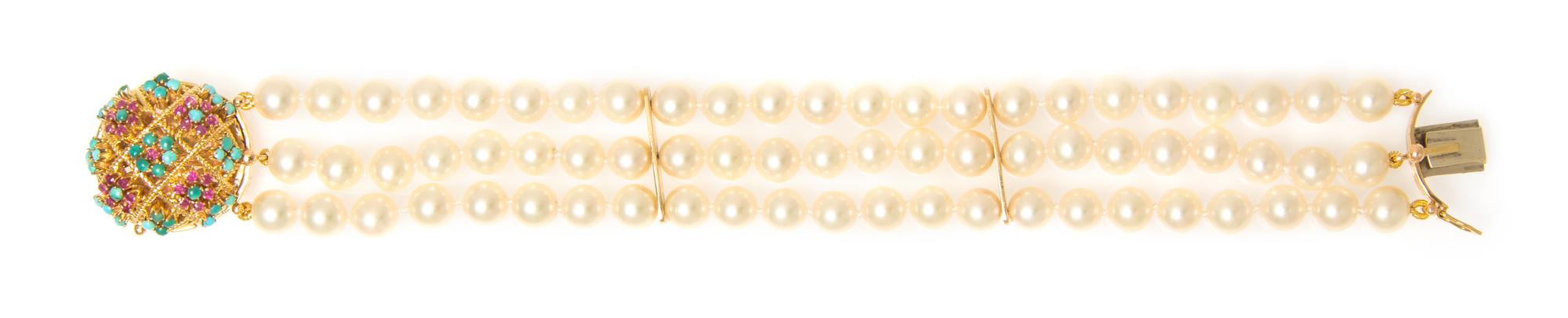 An 18 Karat Yellow Gold, Turquoise, Ruby and Cultured Pearl Bracelet, Italian,