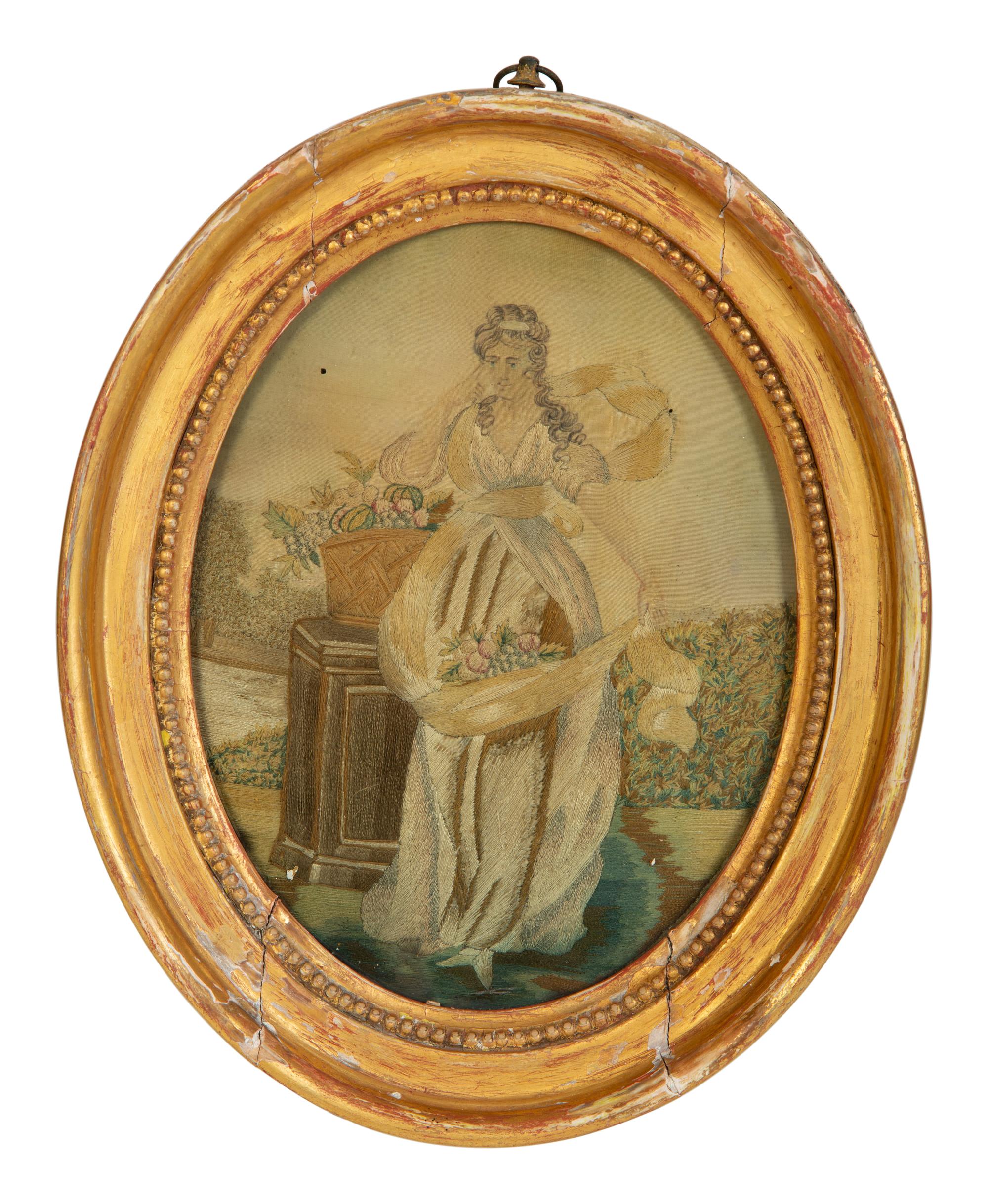 Three Continental Needlework and Silk Pictures in Gilt Frames