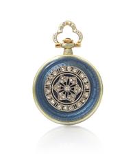 A Yellow Gold, Platinum, Diamond and Polychrome Enamel Open Face Pendant Watch, 11.80 dwts.