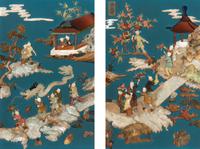 A Pair of Chinese Jade and Hardstone Inlaid and Cinnabar Lacquered Hanging Screens, 20th Century 近代 剔紅框藍地嵌寶童子圖挂屏一對