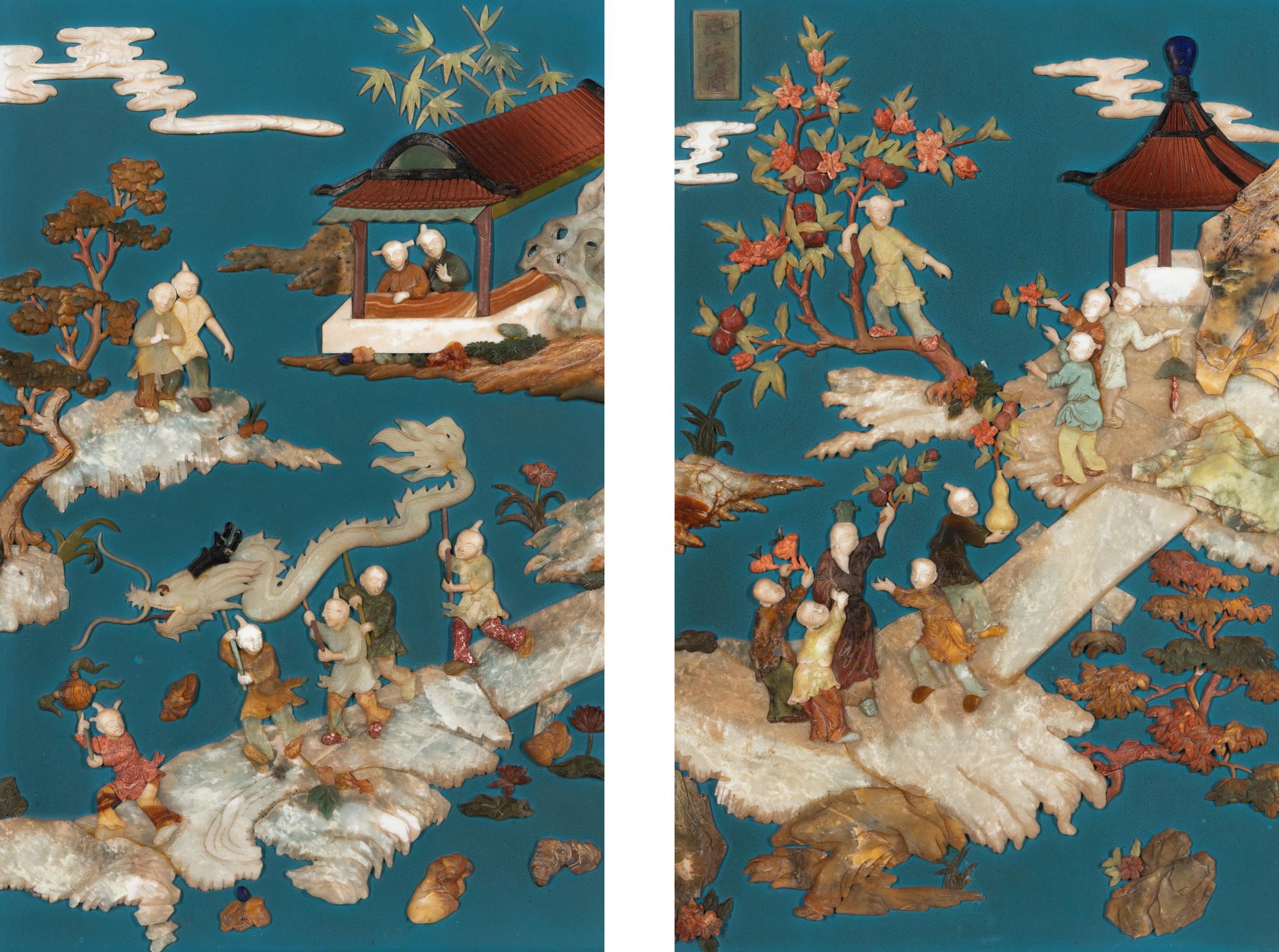A Pair of Chinese Jade and Hardstone Inlaid and Cinnabar Lacquered Hanging Screens, 20th Century 近代 剔紅框藍地嵌寶童子圖挂屏一對