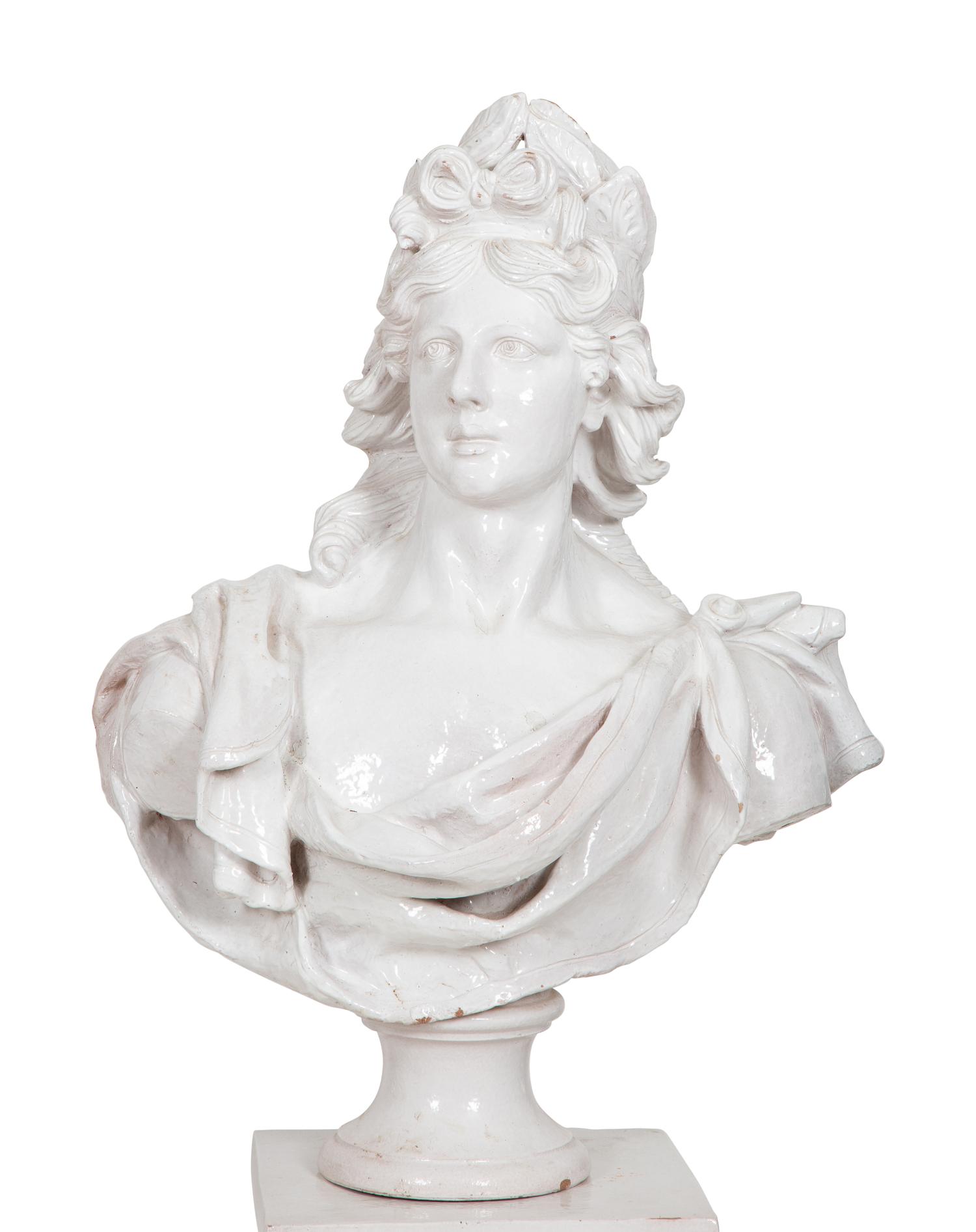 A Pair of Italian Glazed Terracotta Portrait Busts on Neoclassical Style Pedestals