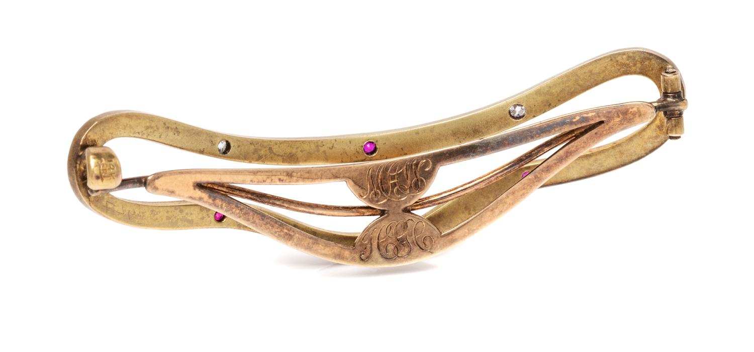 An Antique 14 Karat Yellow Gold, Ruby and Diamond Hair Barrette, Riker Brothers, 5.80 dwts.